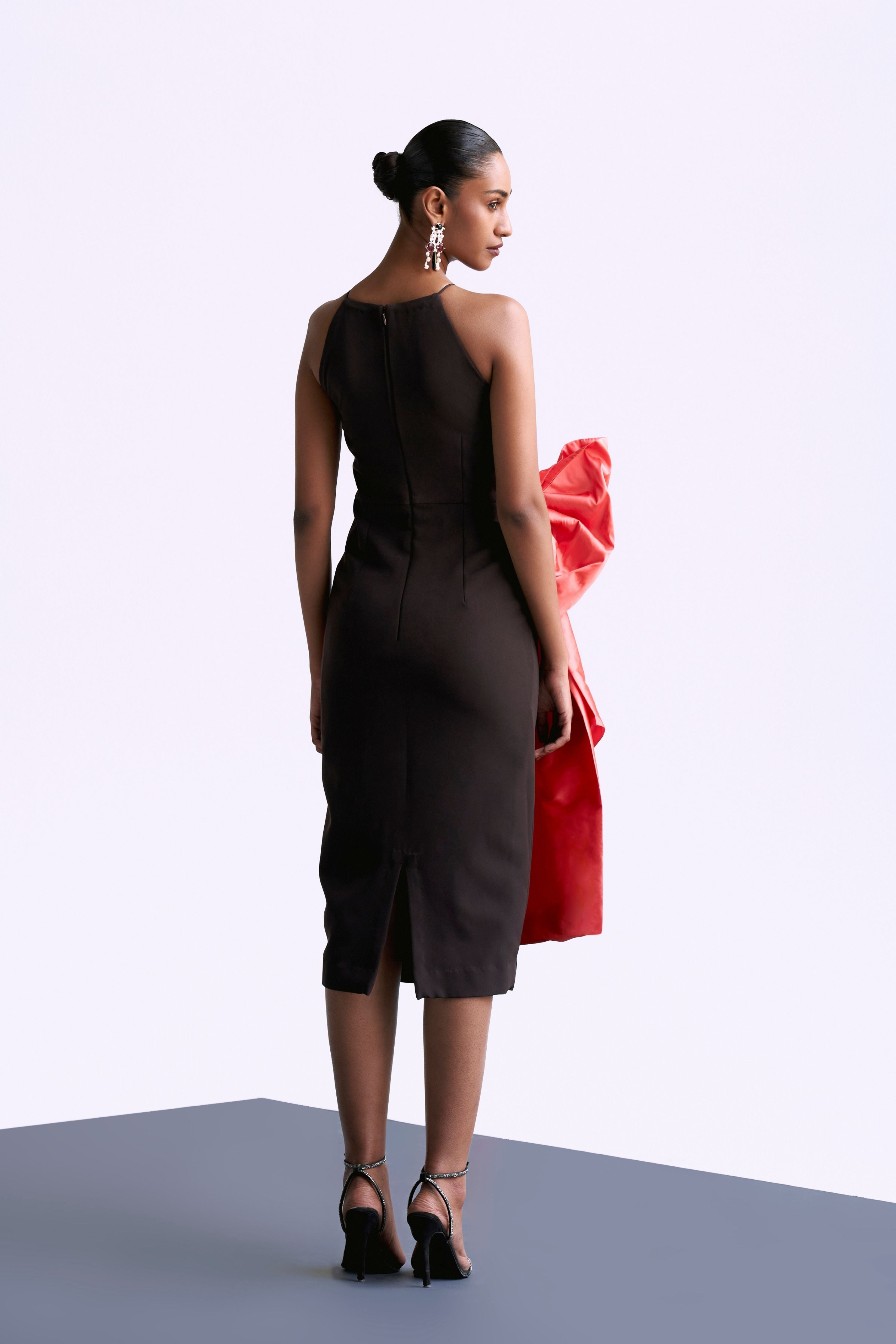 Fitted Draped Dress With Bow Detail