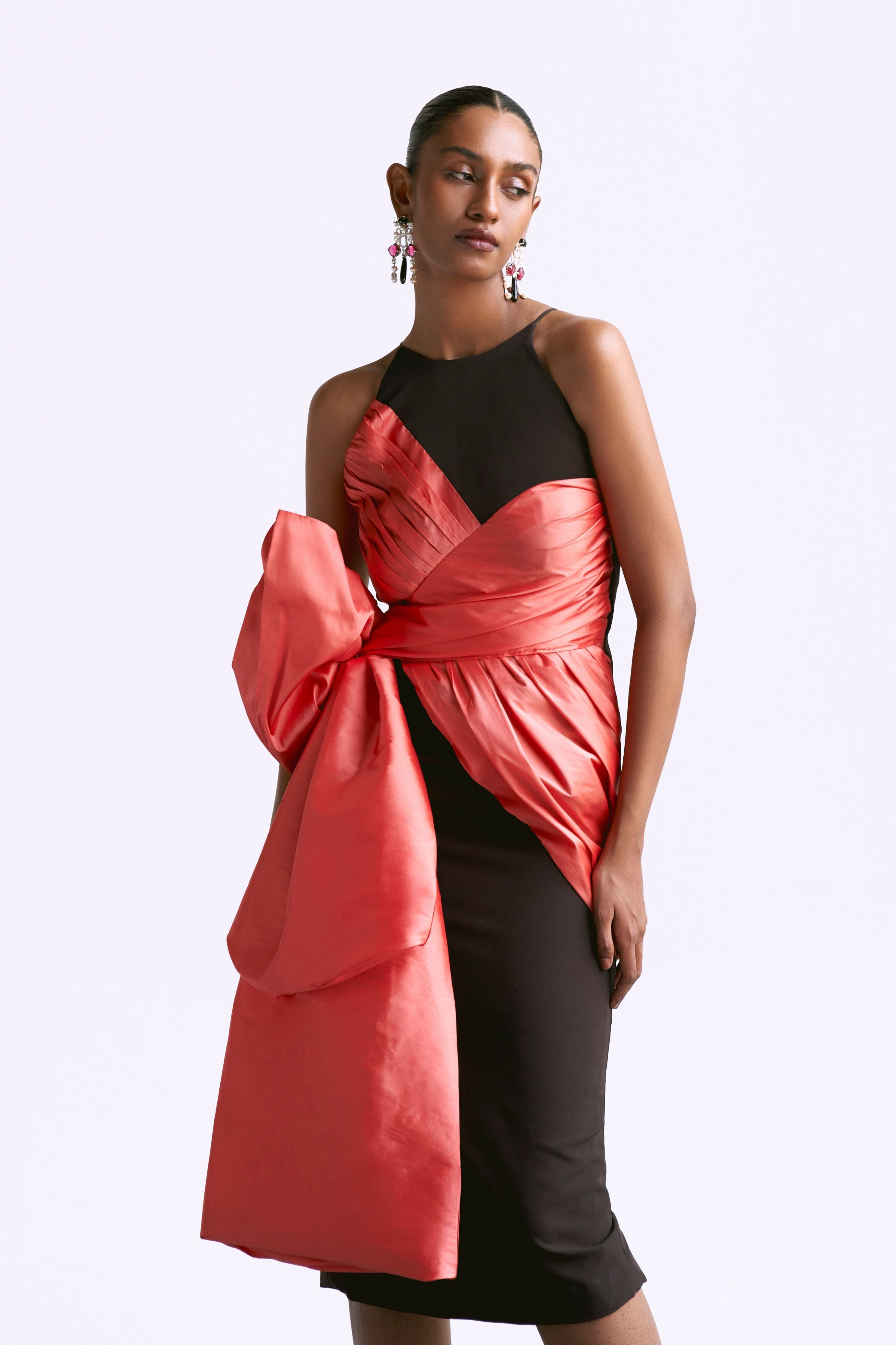 Fitted Draped Dress With Bow Detail