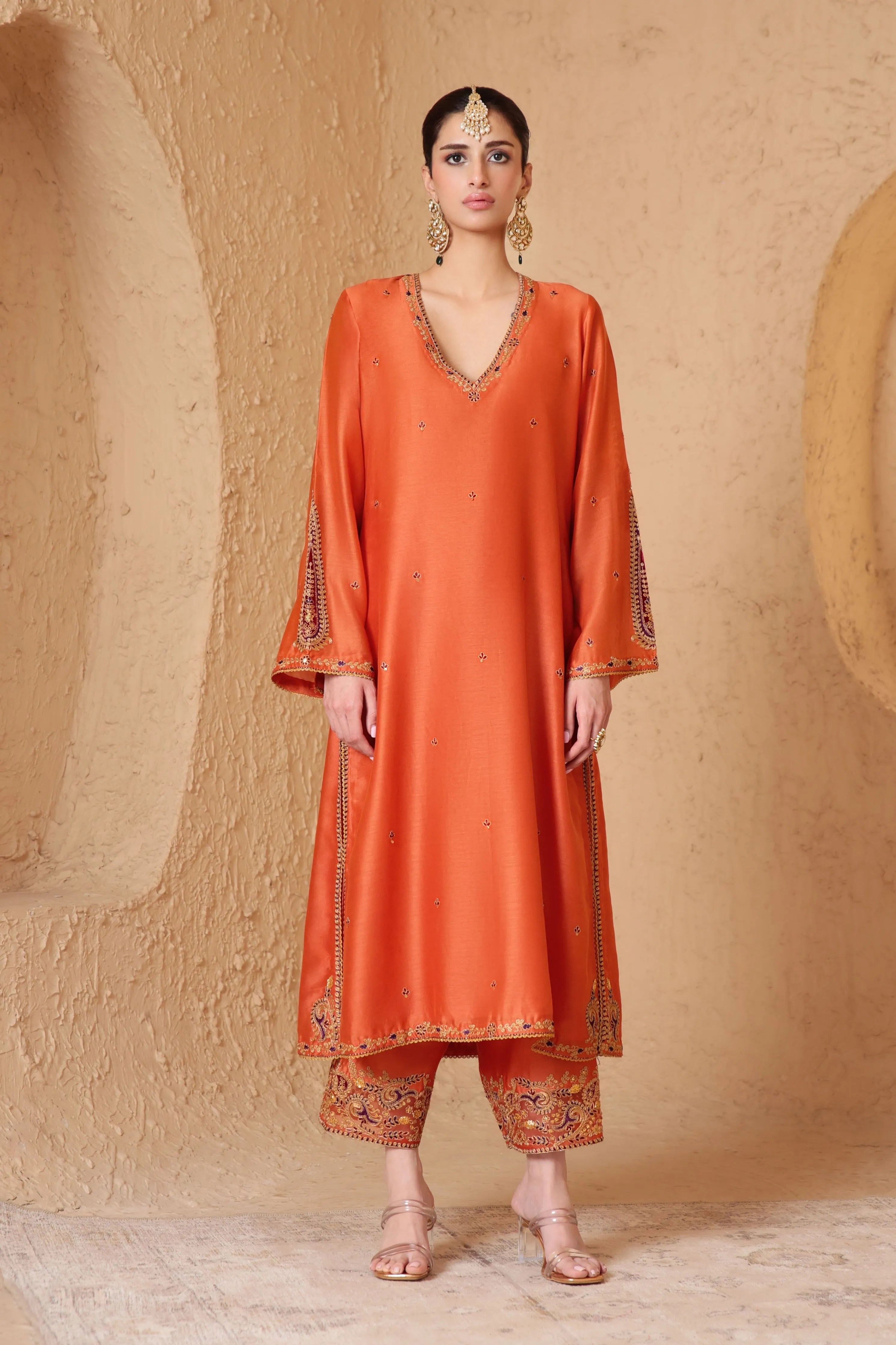 Mehrang Orange Applique Kurta Set