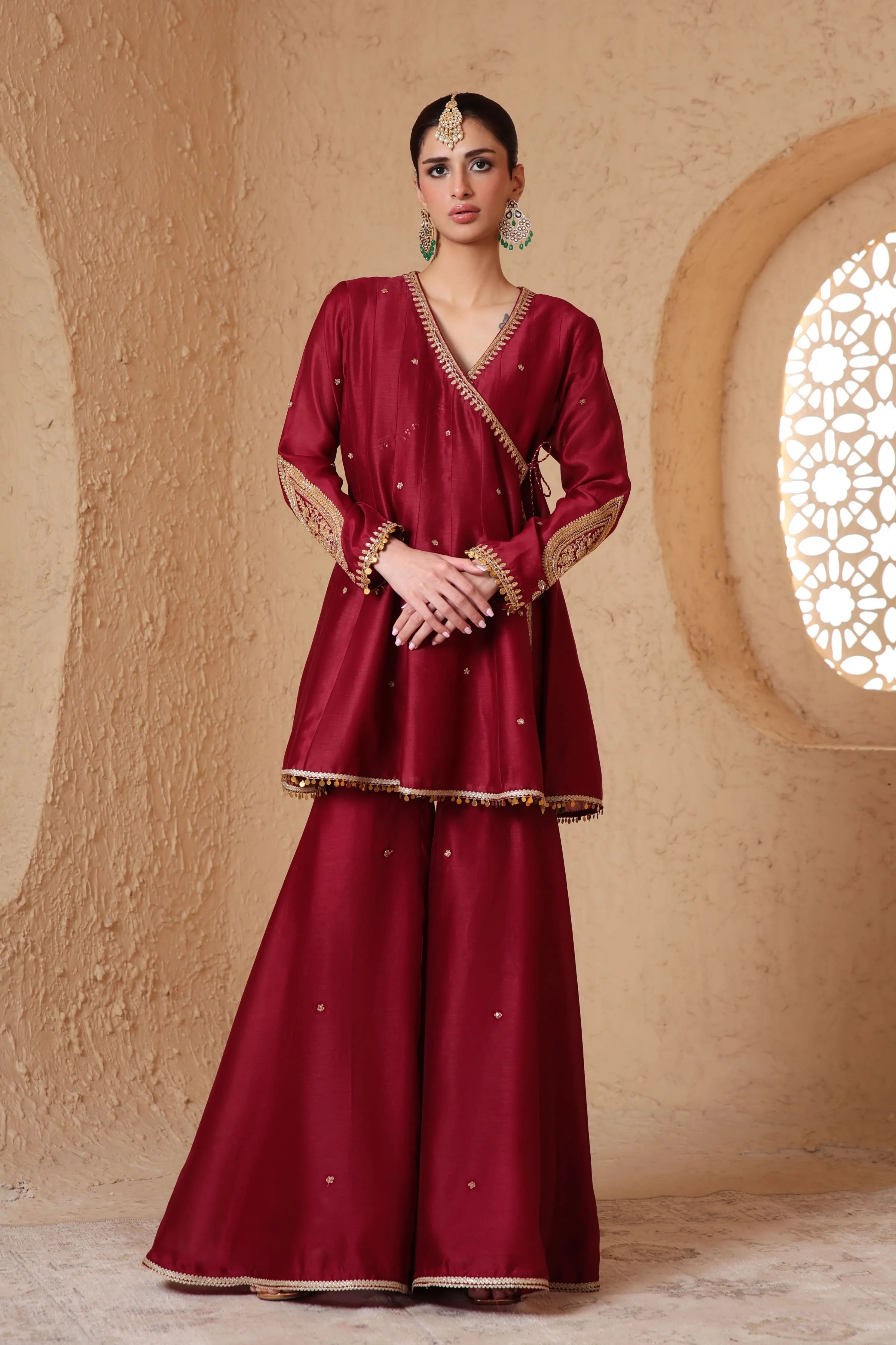 Mehrang Maroon Angrakha Sharara Set