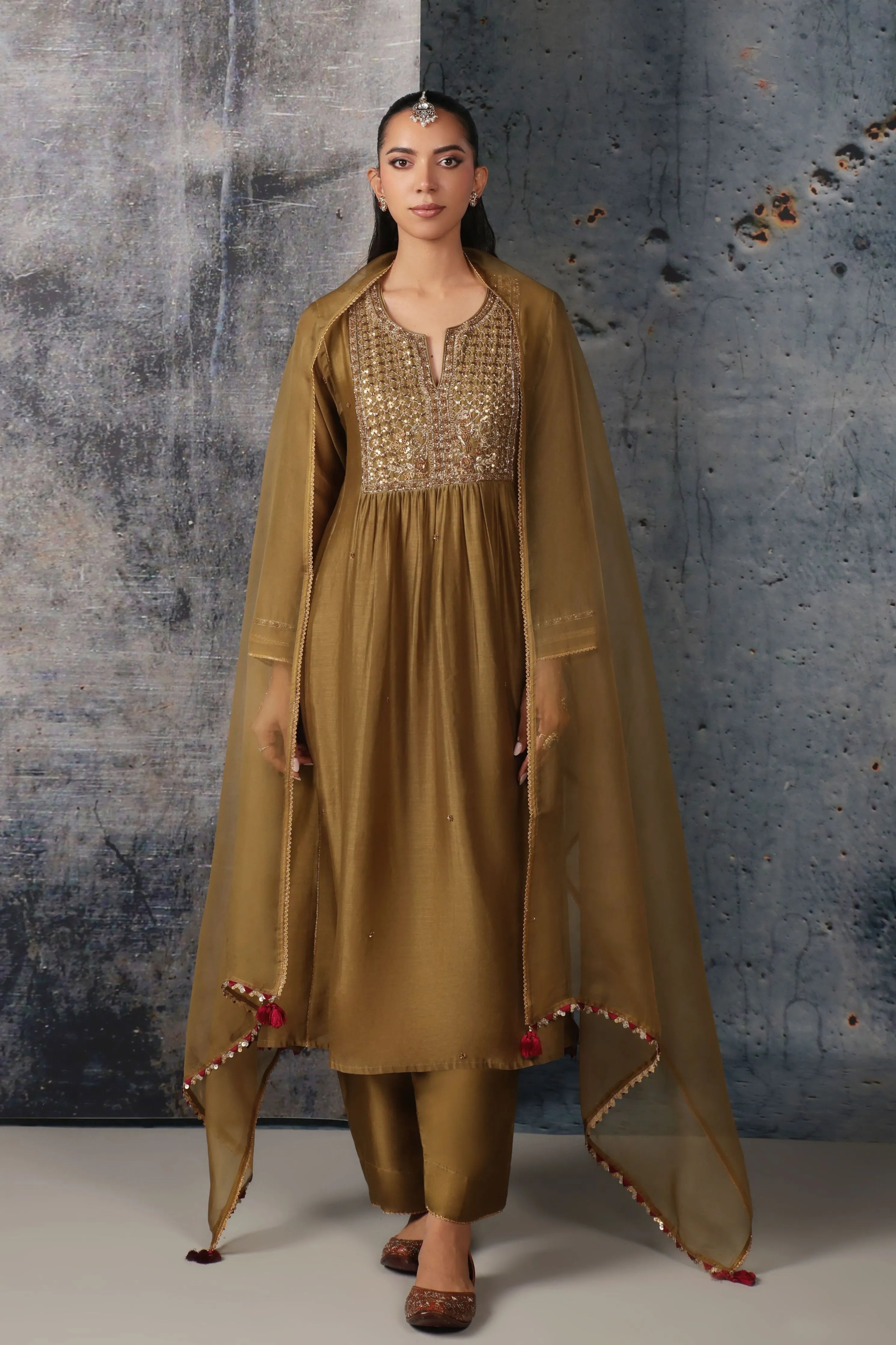Mehrang Olive Green Frockstyle Kurta Set