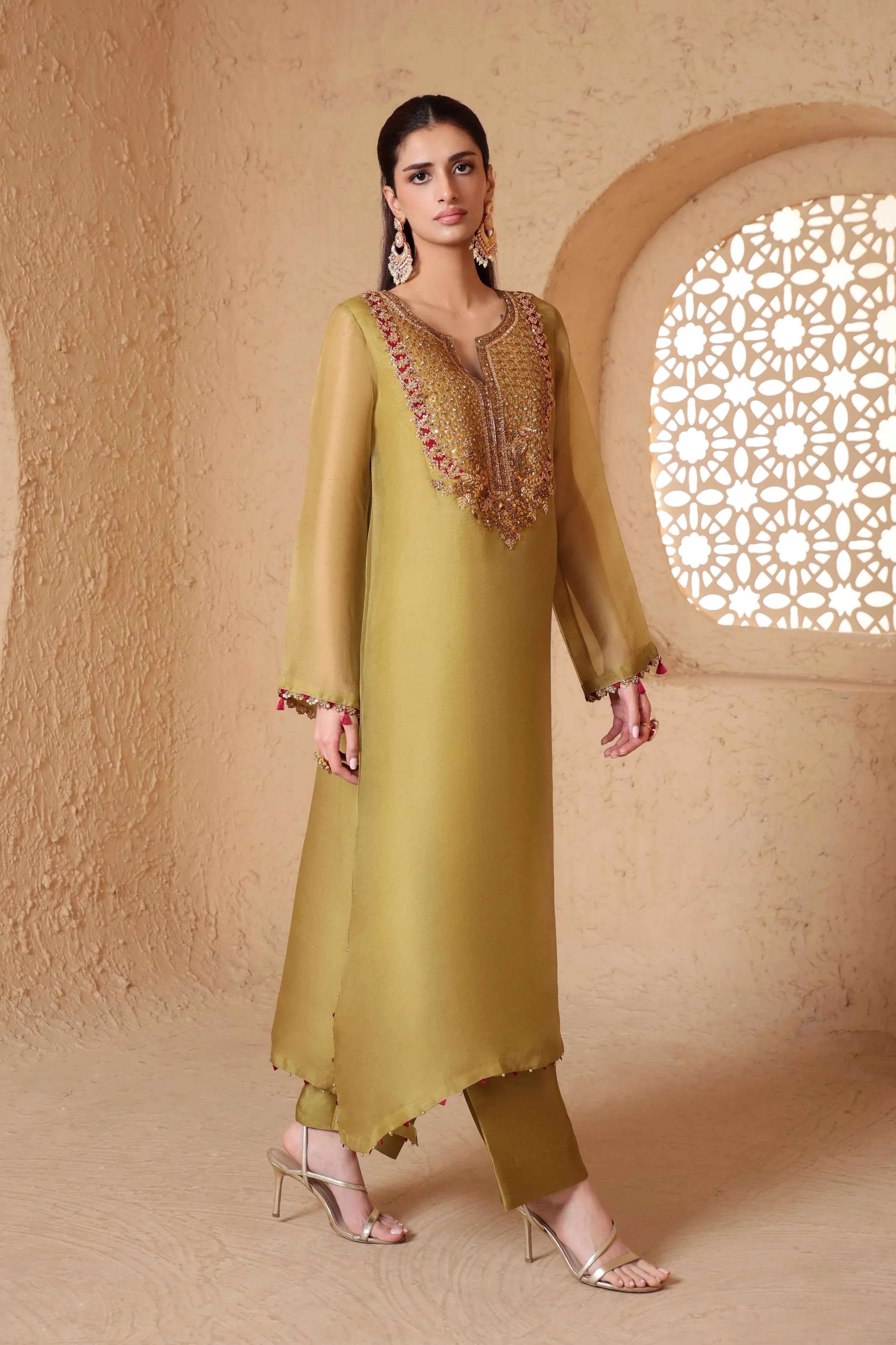 Mehrang Olive Green Heavy Neck Kurta Set
