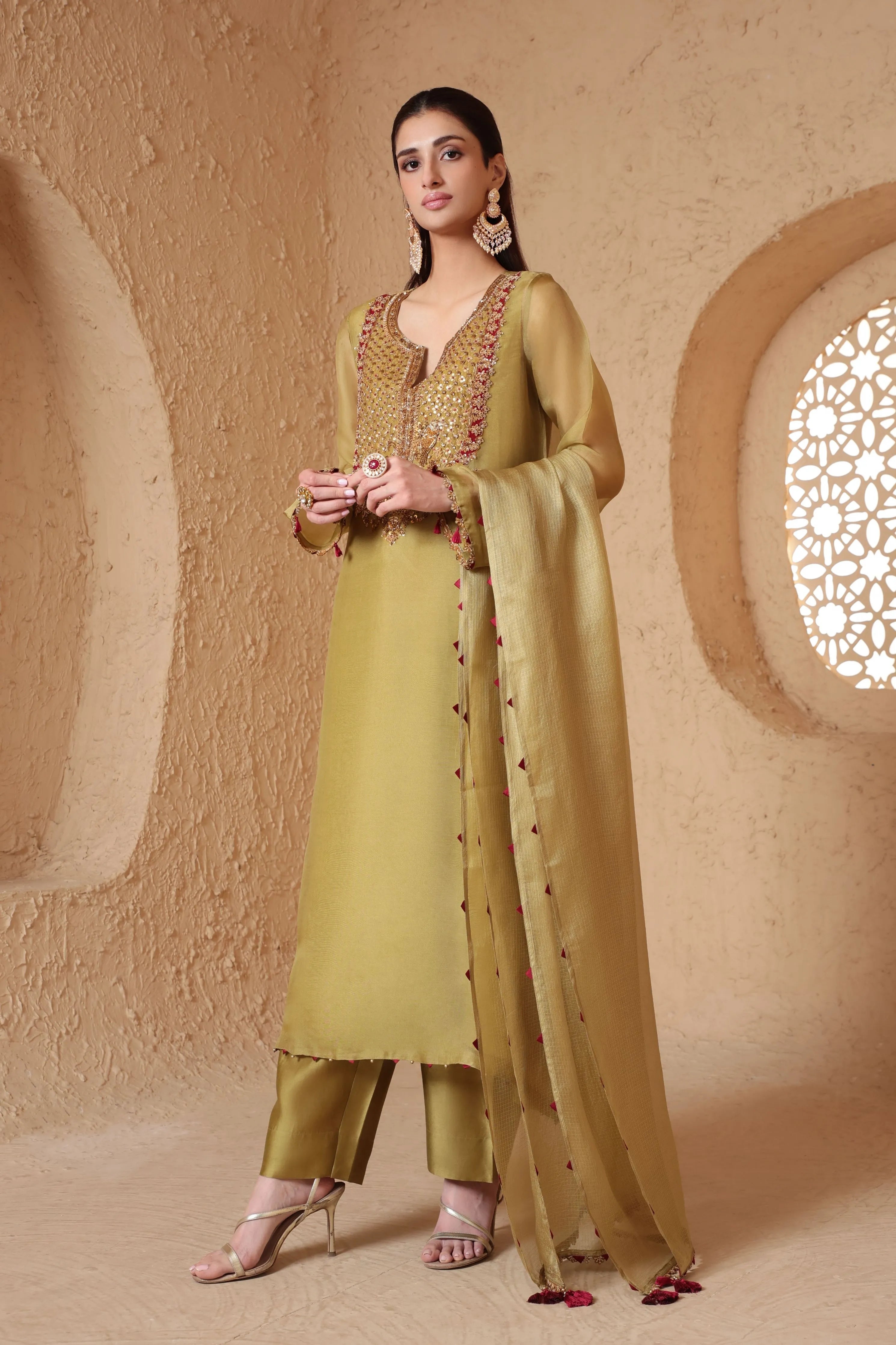 Mehrang Olive Green Heavy Neck Kurta Set