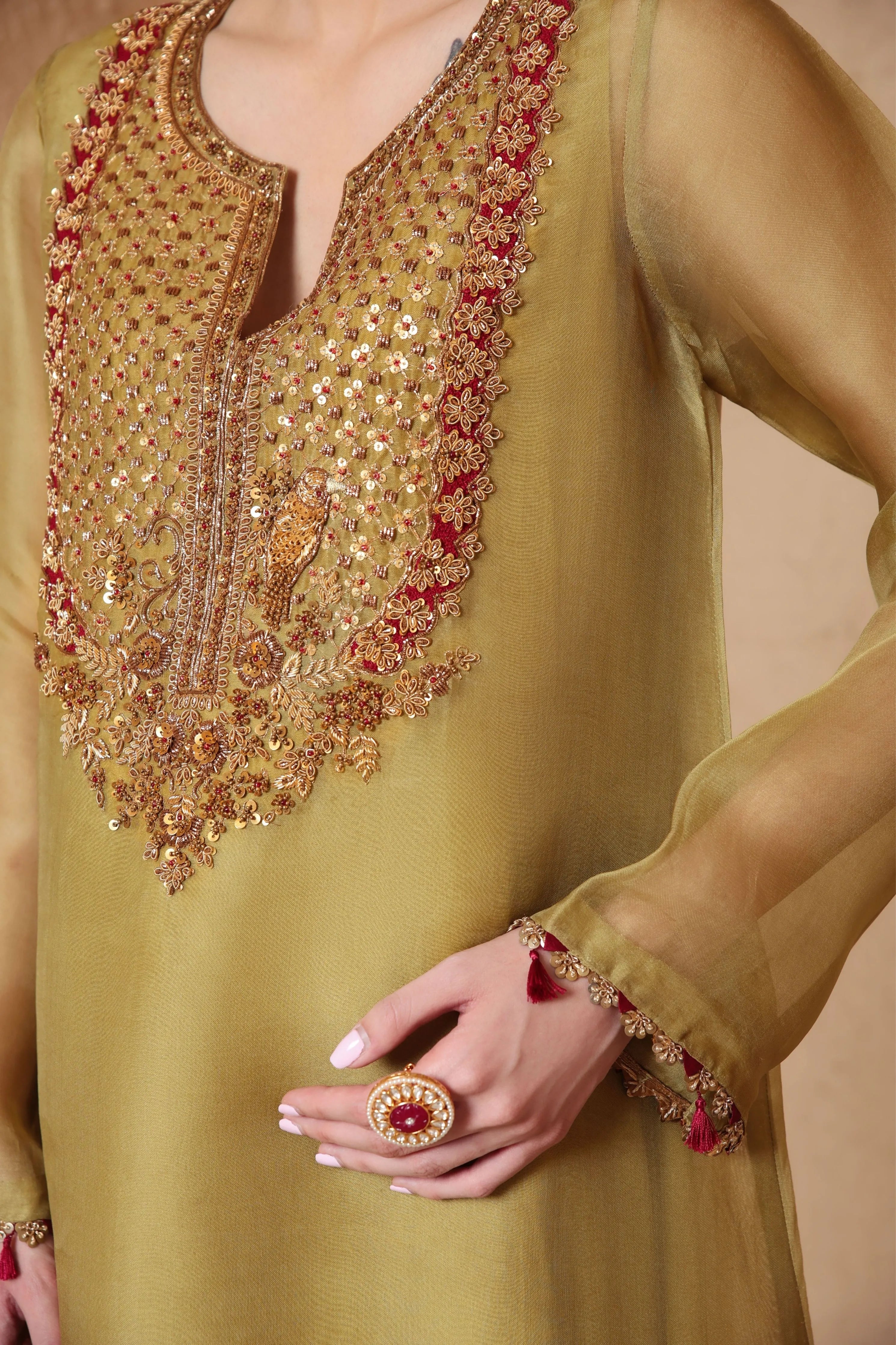 Mehrang Olive Green Heavy Neck Kurta Set