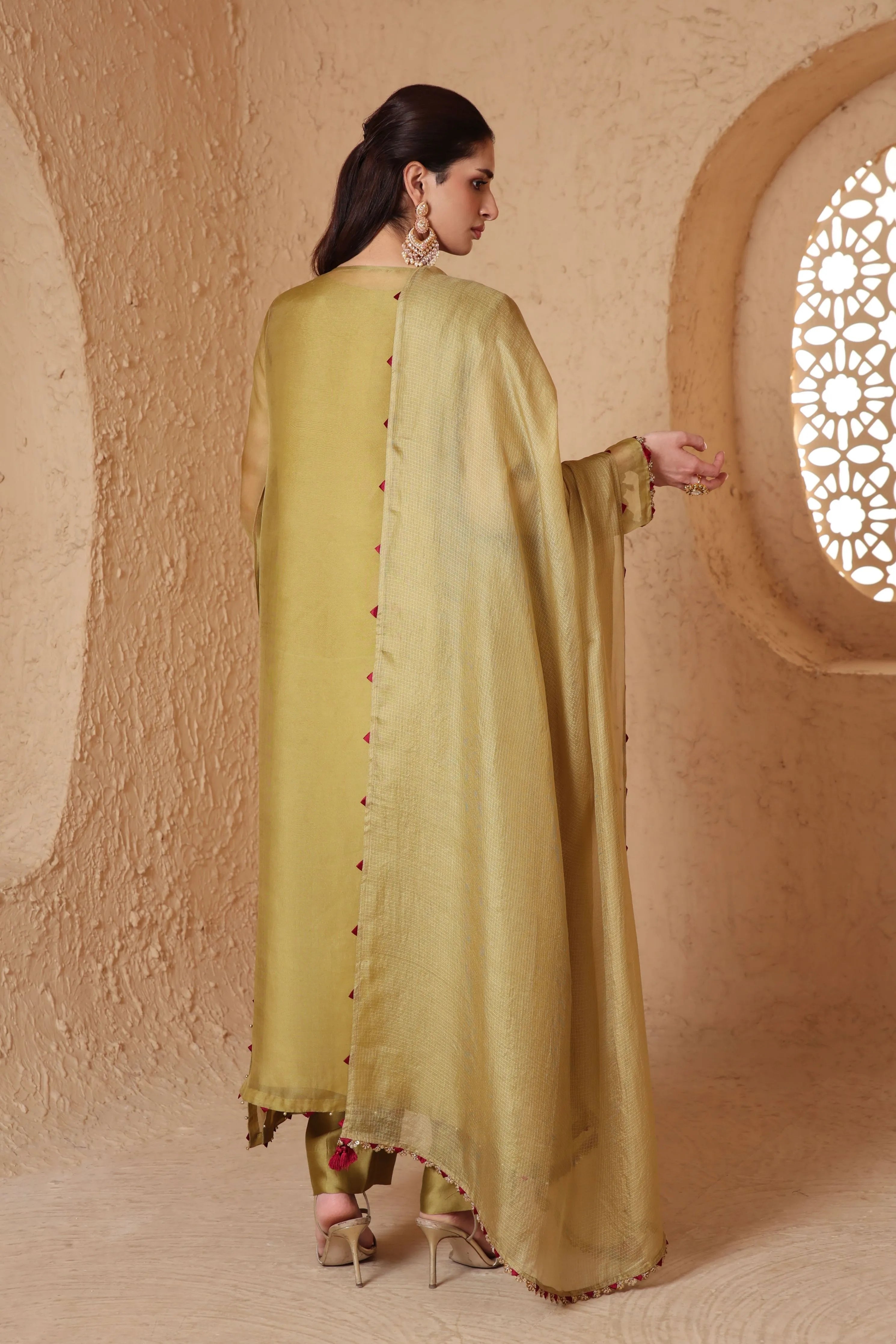 Mehrang Olive Green Heavy Neck Kurta Set