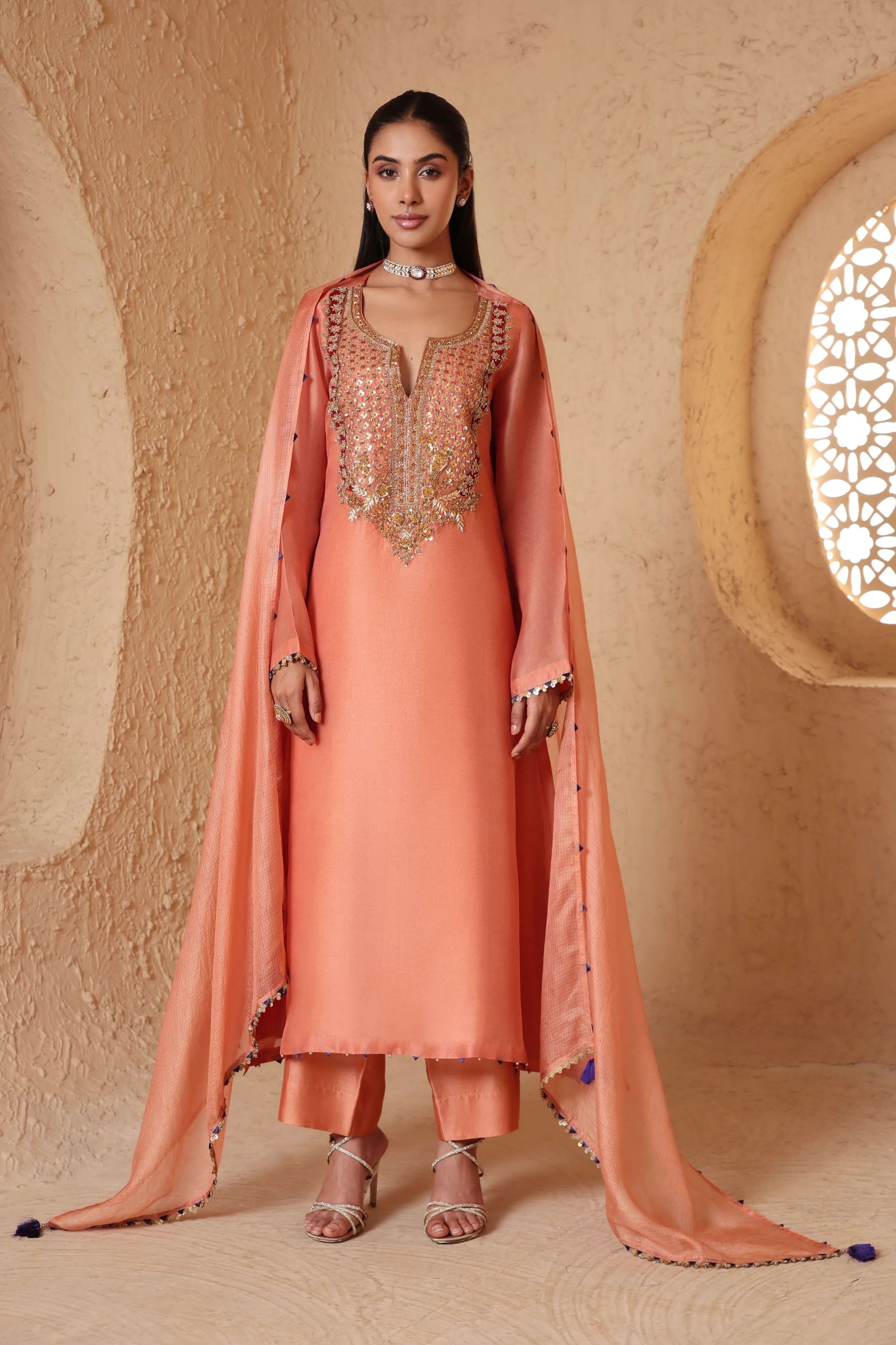 Mehrang Peach Heavy Neck Kurta Set