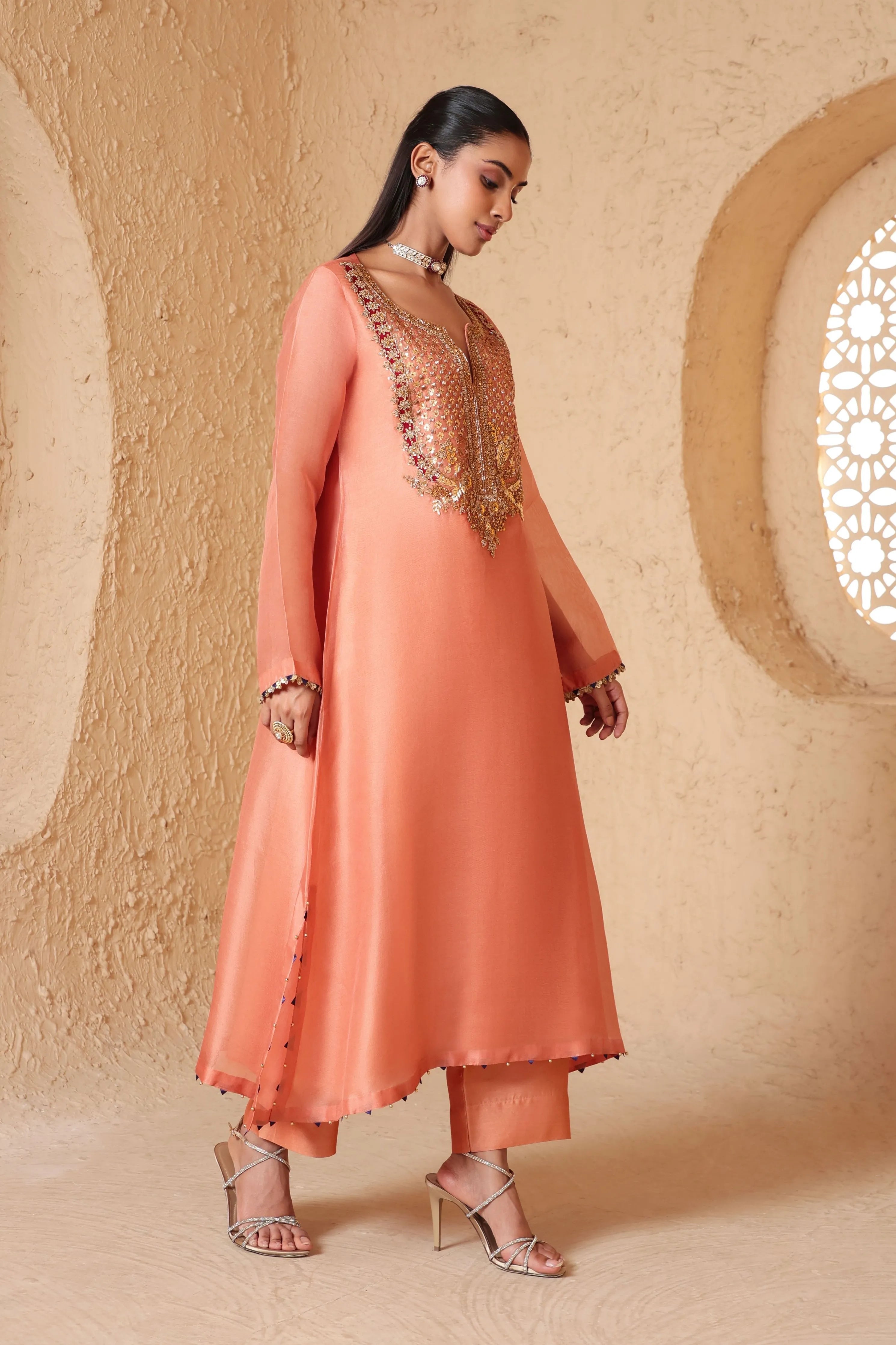 Mehrang Peach Heavy Neck Kurta Set