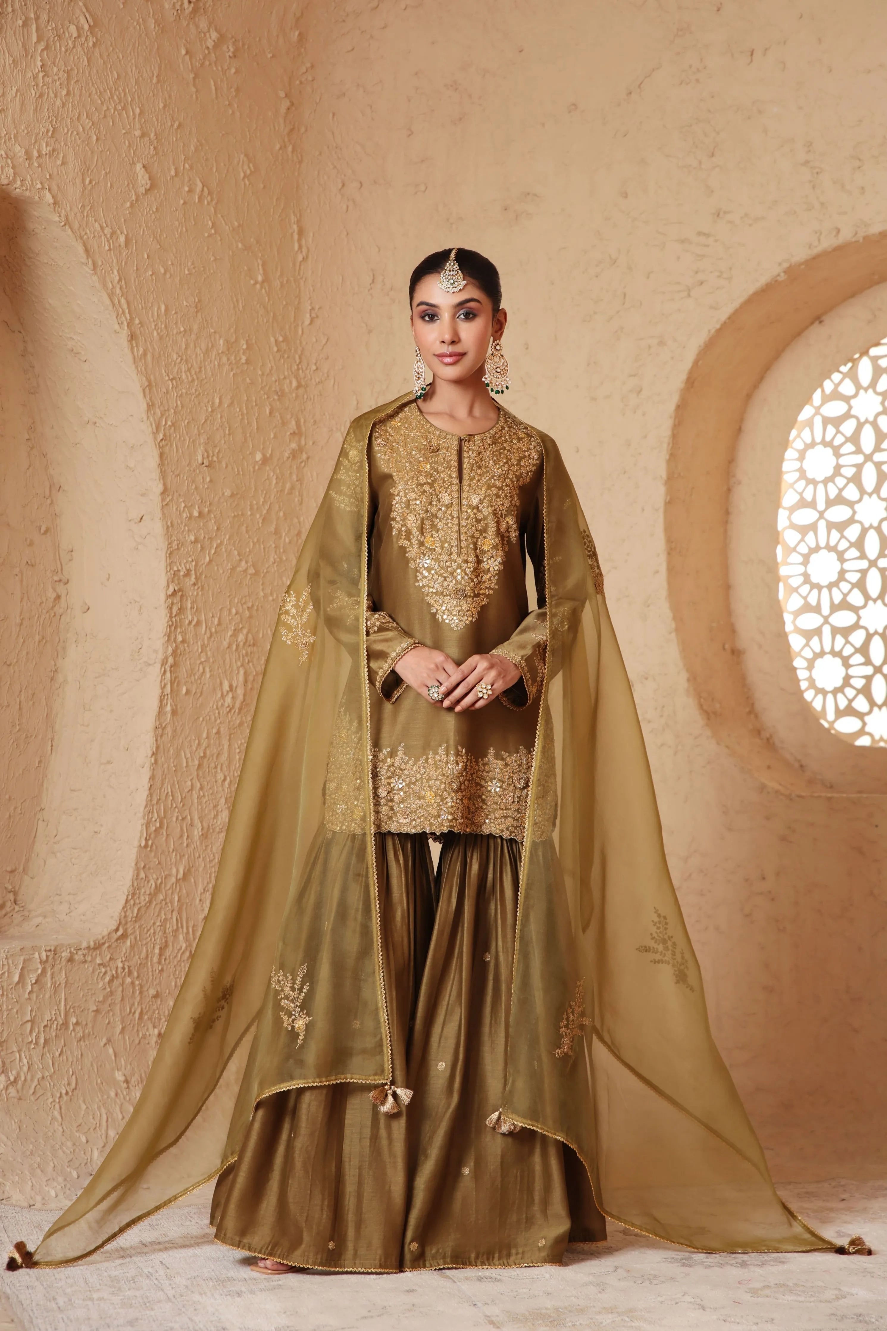 Mehrang Olive Green Heavy Sharara Set