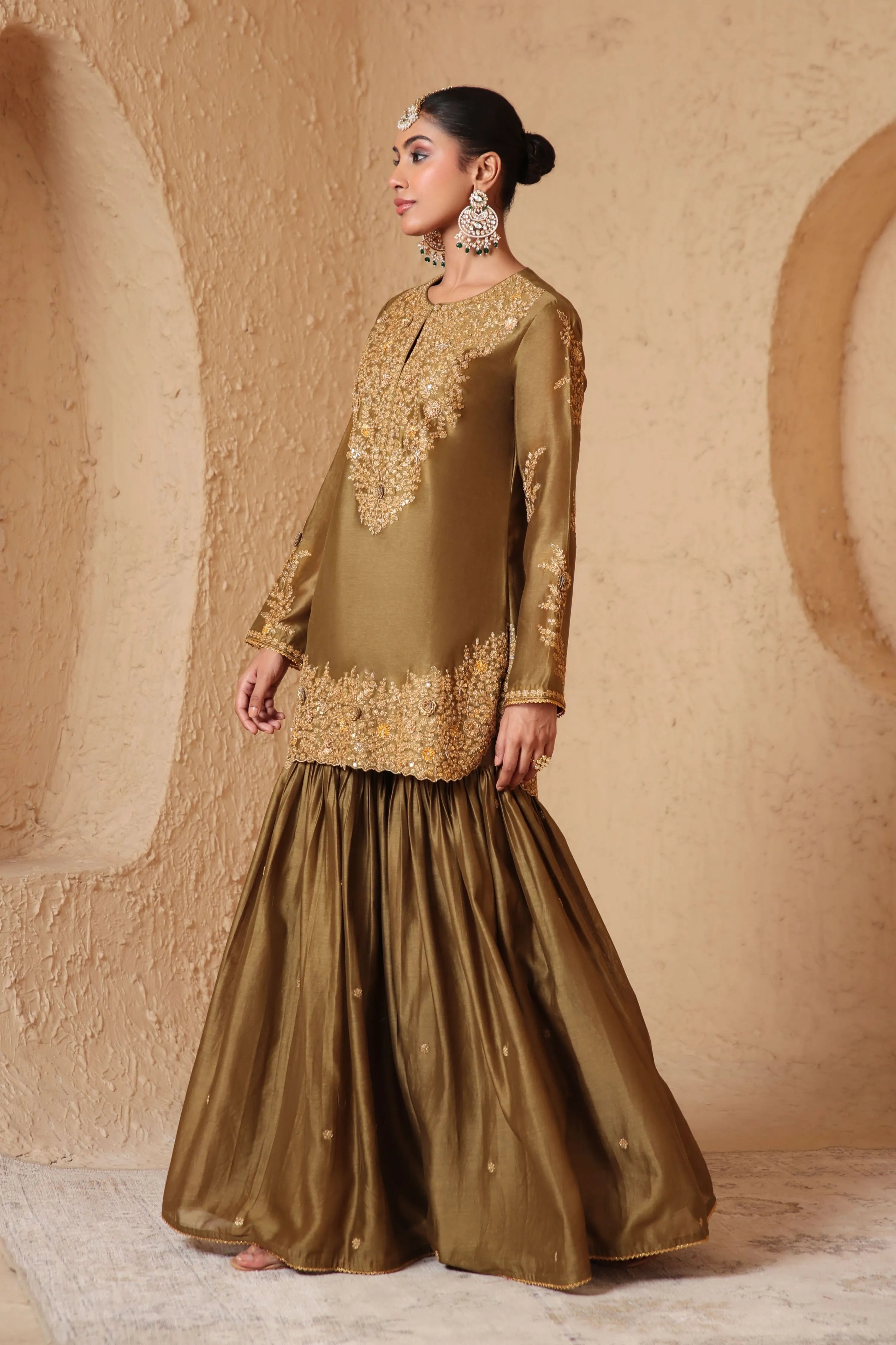 Mehrang Olive Green Heavy Sharara Set