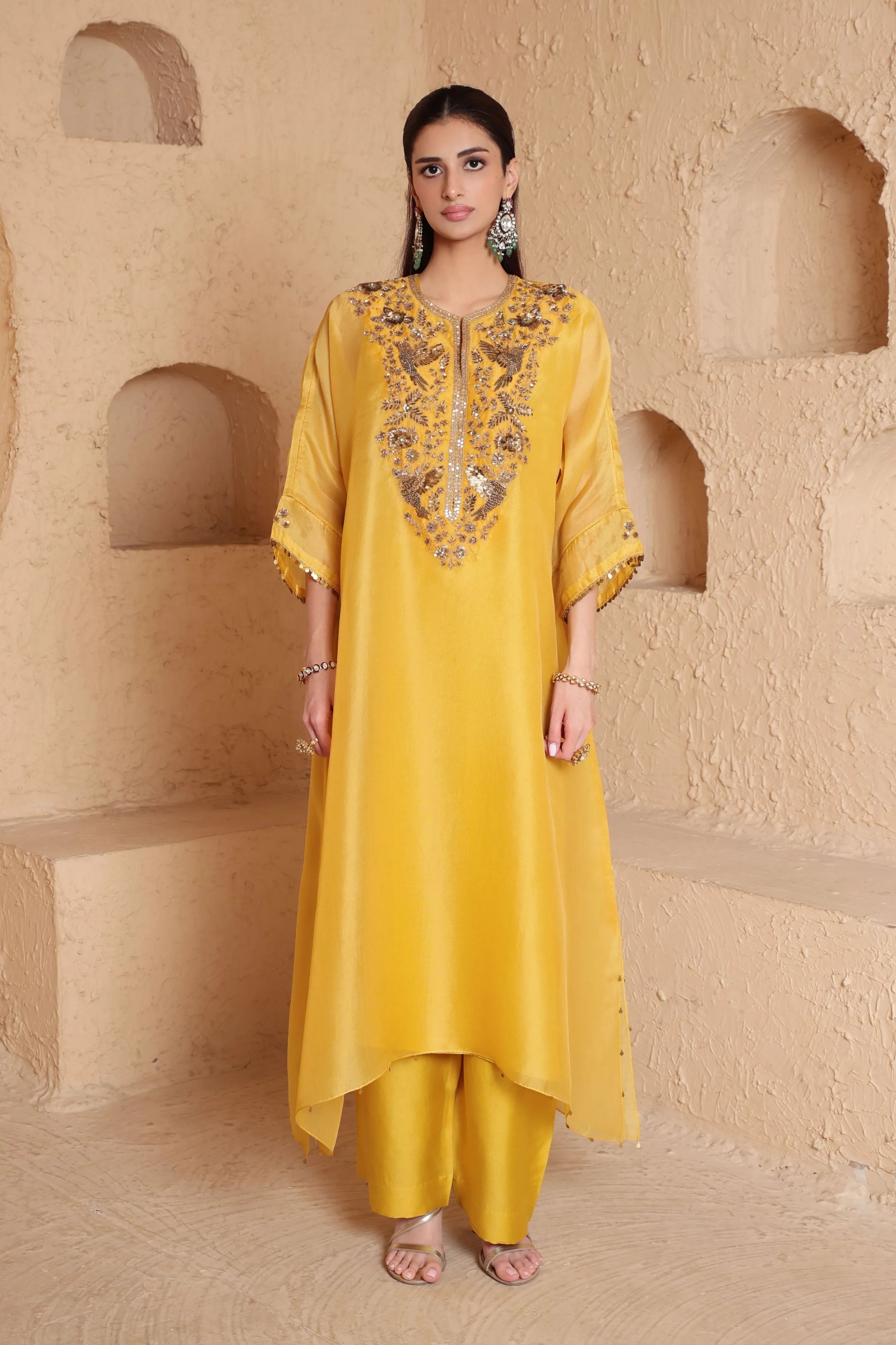 Mehrang Yellow Kaftan Kurta Set