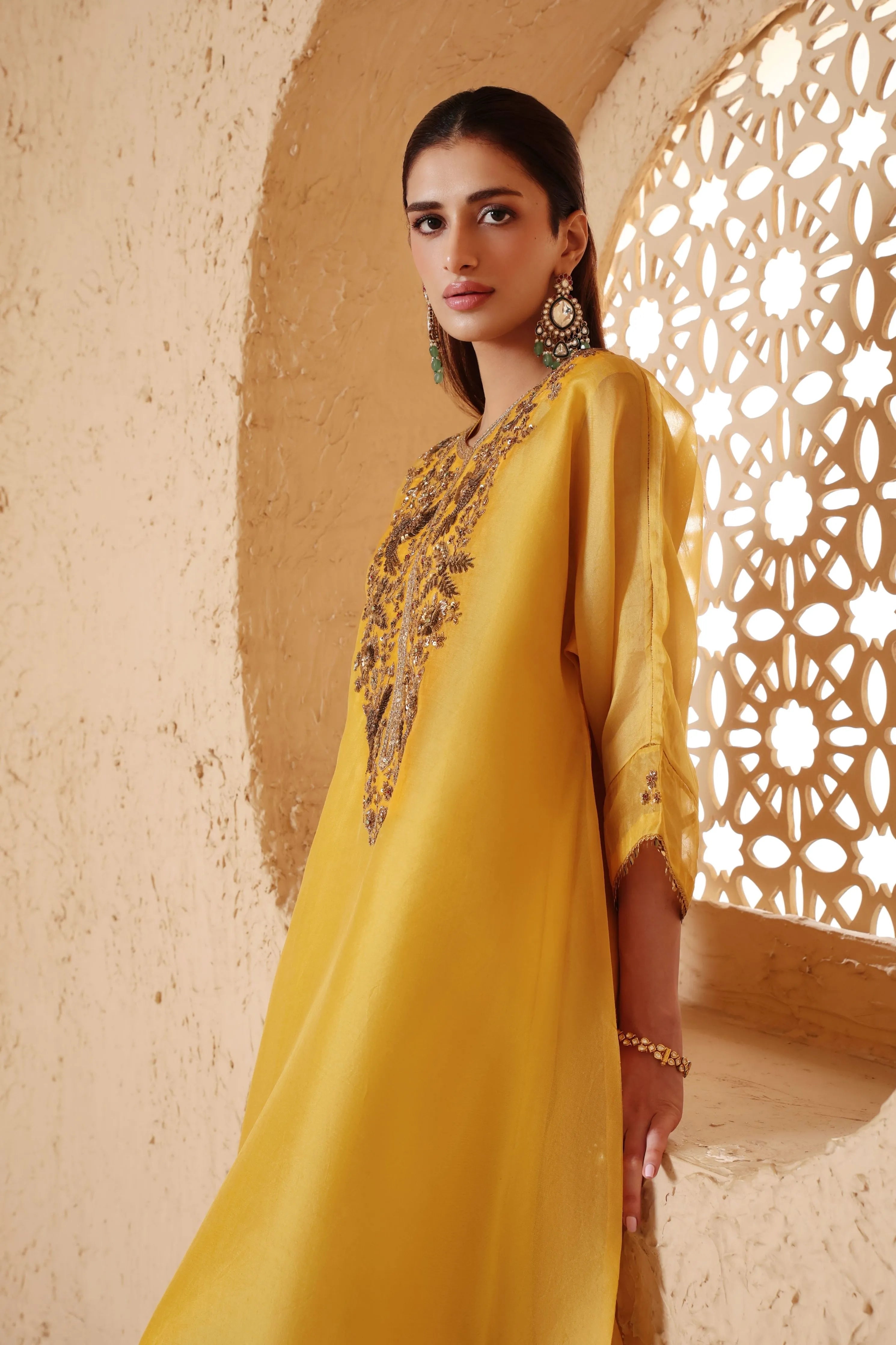 Mehrang Yellow Kaftan Kurta Set