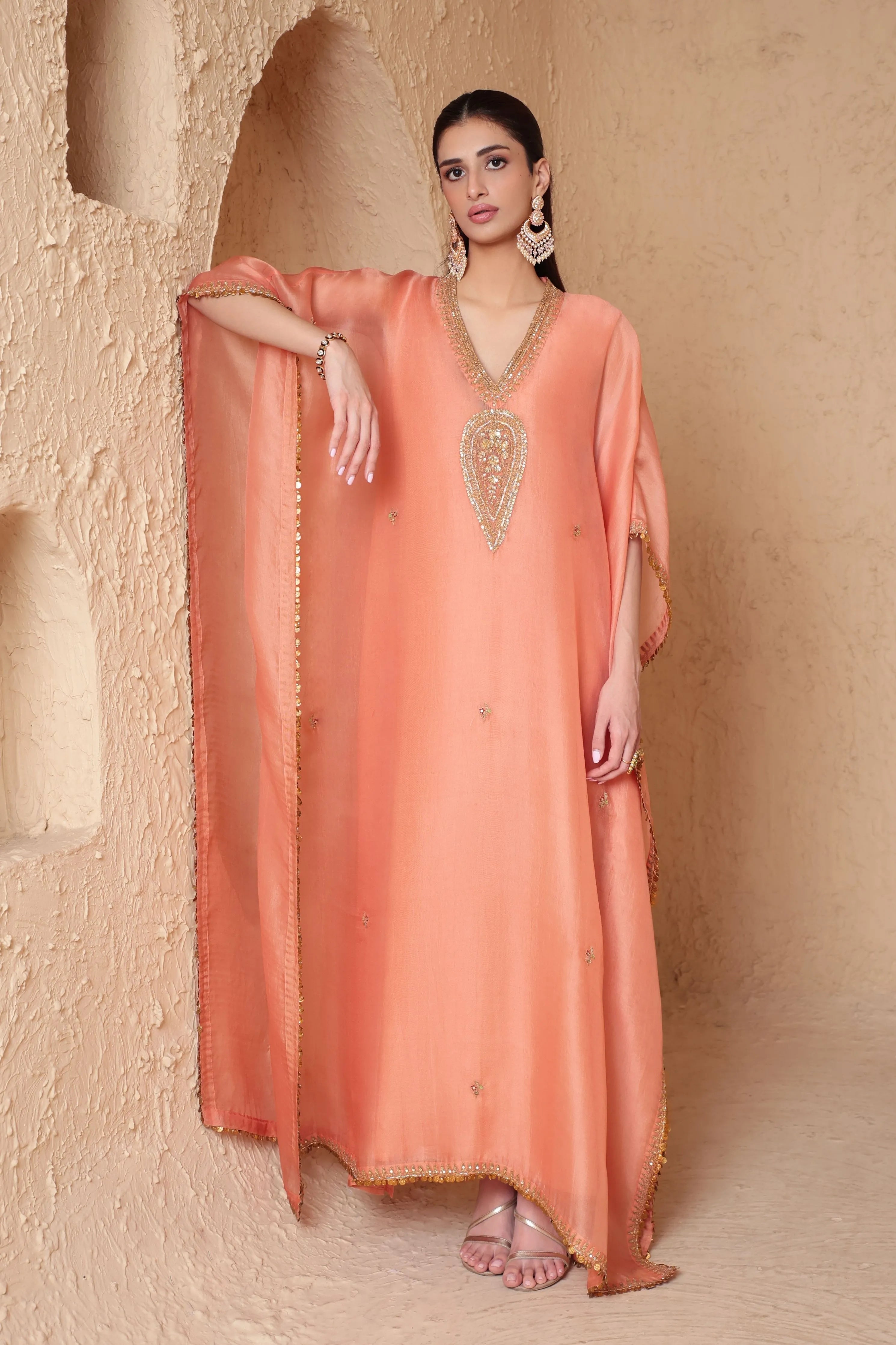 Mehrang Peach Kaftan Set