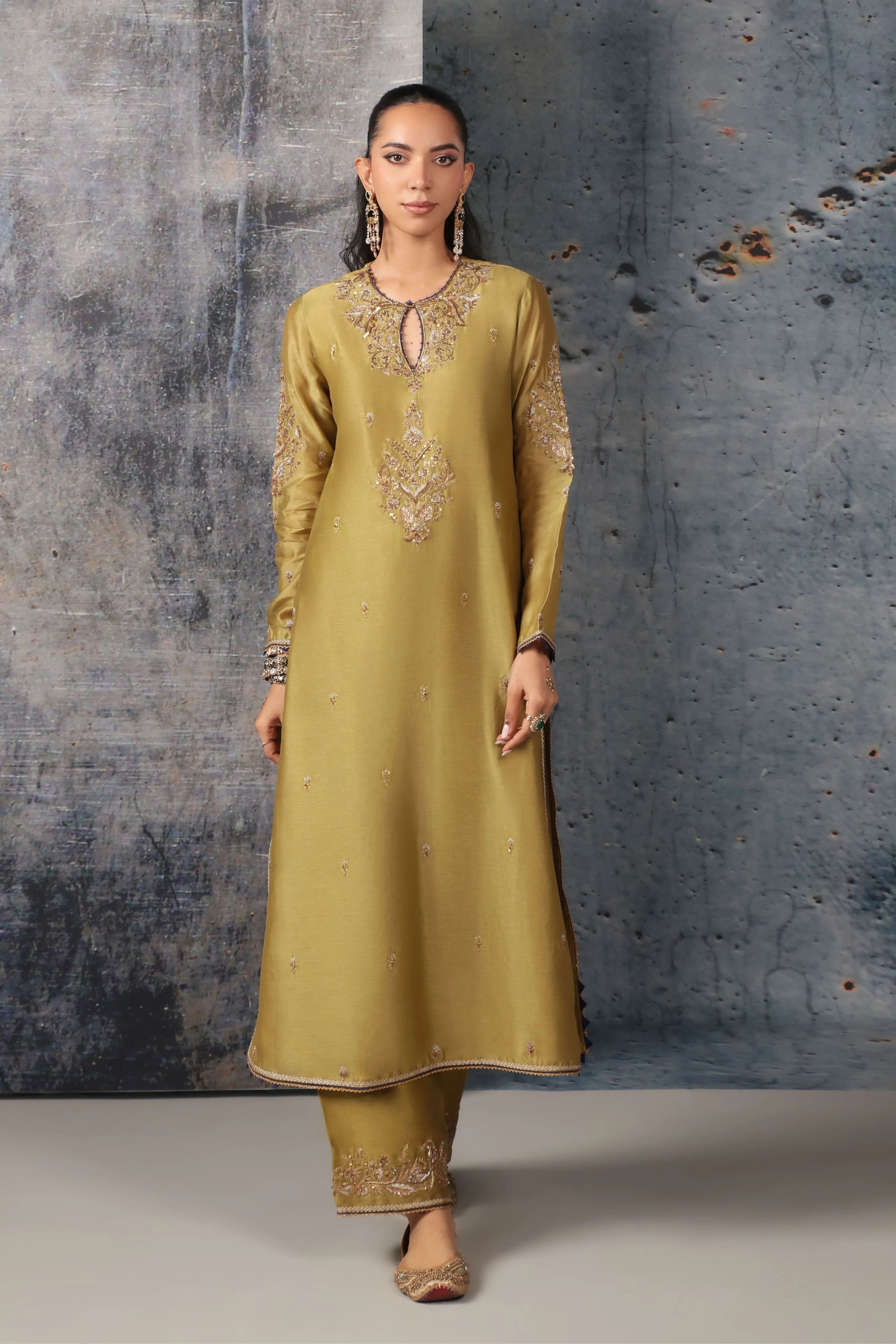 Mehrang Olive Green Straight Long Kurta Set