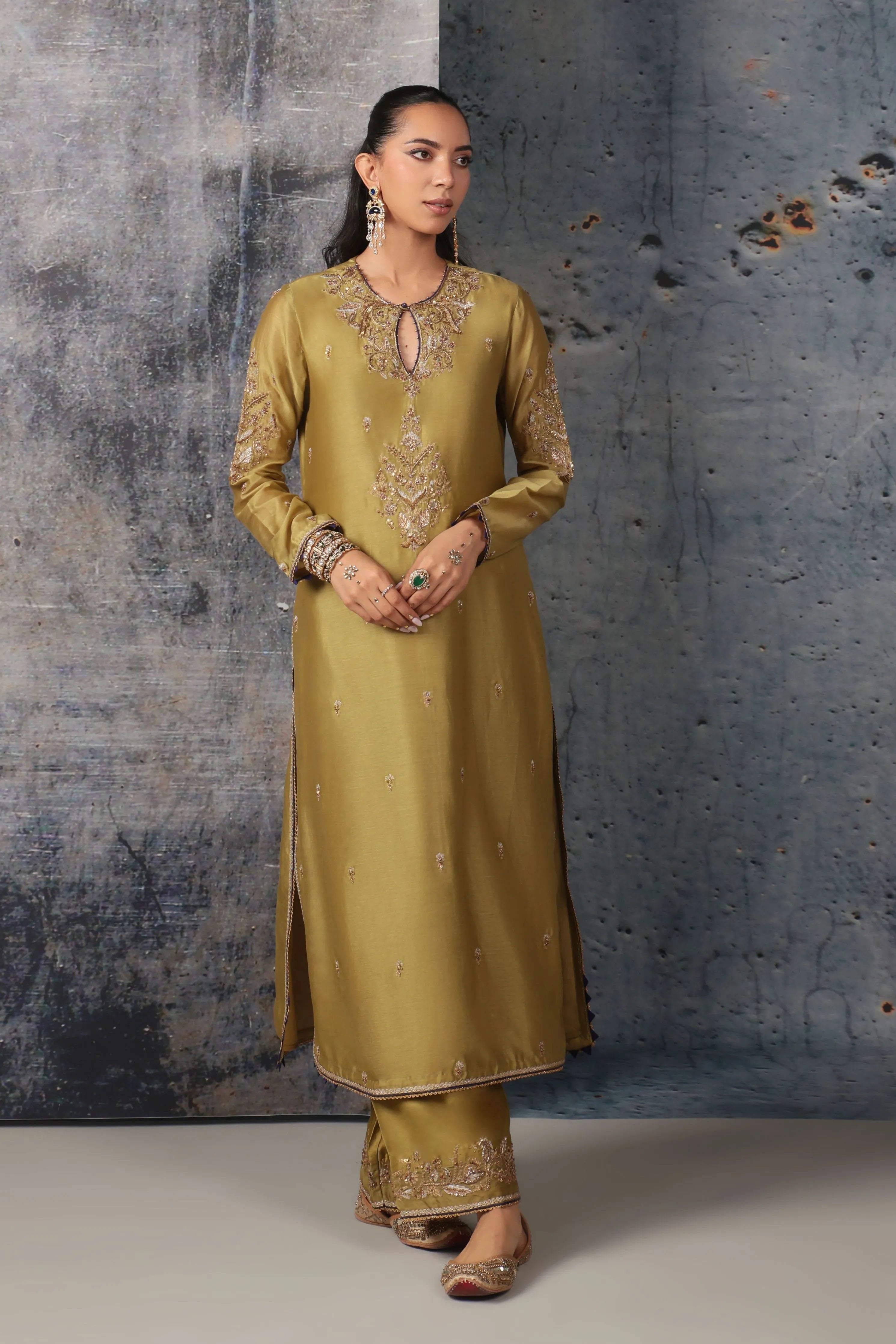 Mehrang Olive Green Straight Long Kurta Set