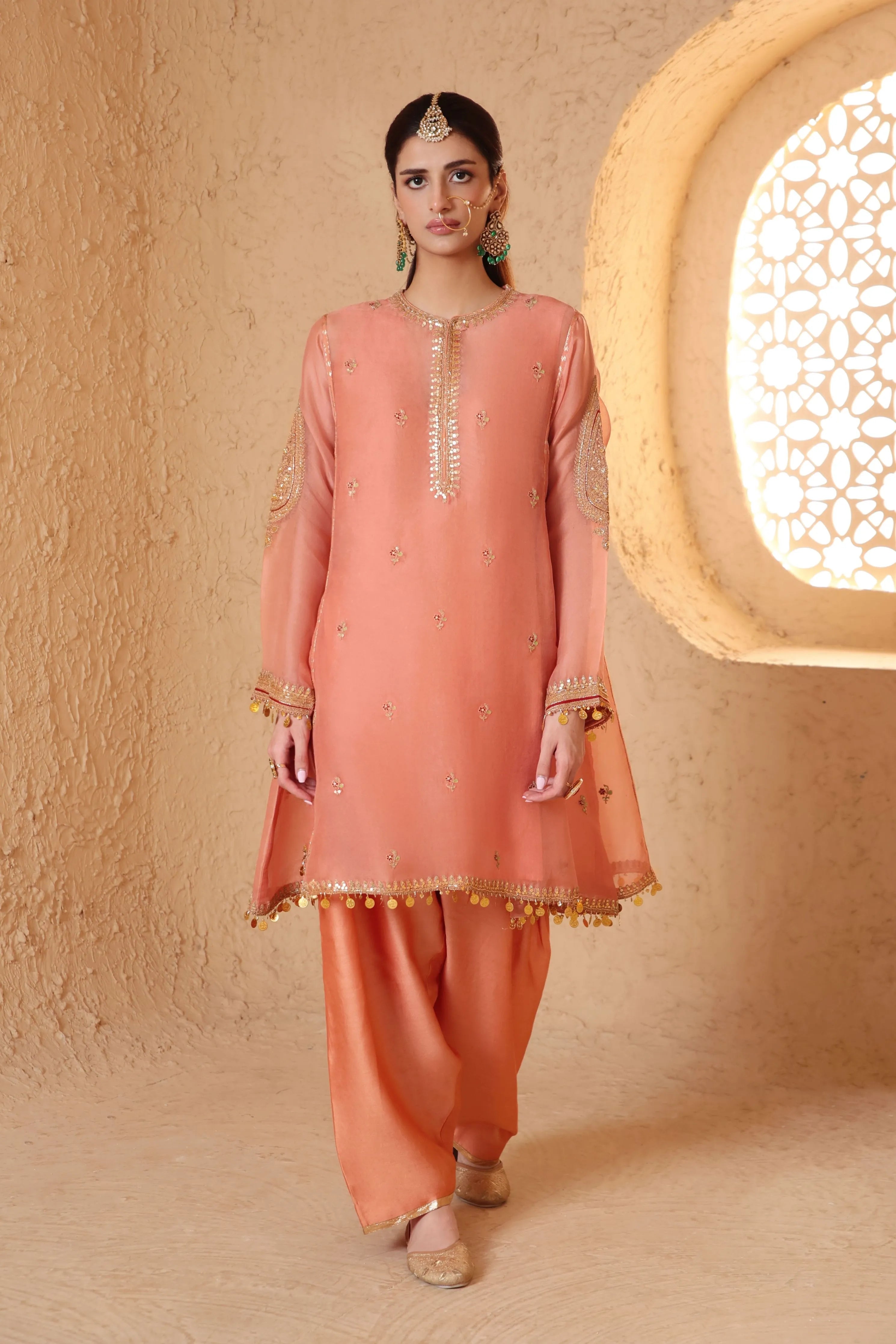 Mehrang Peach Short Pheran Kurta Set