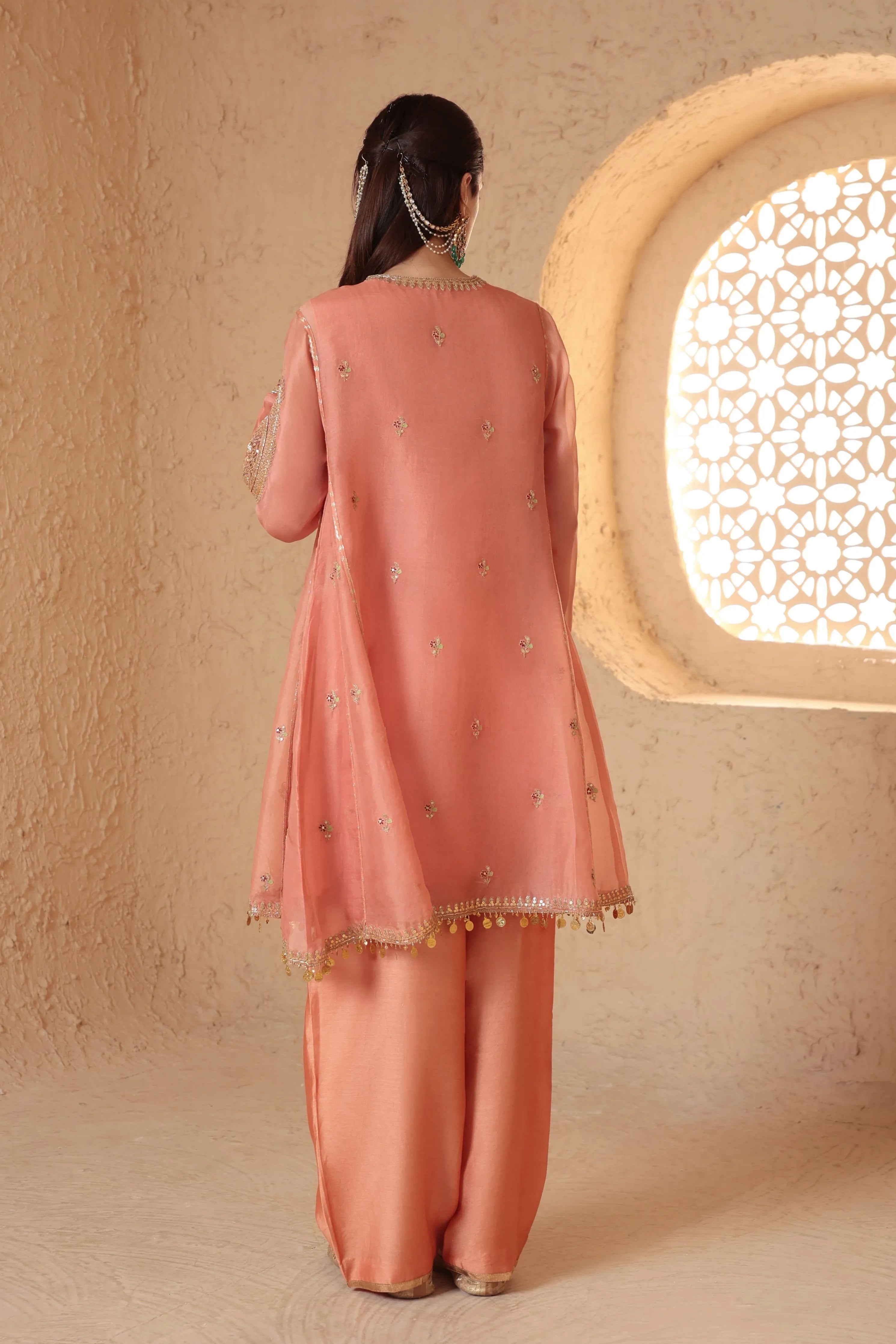 Mehrang Peach Short Pheran Kurta Set