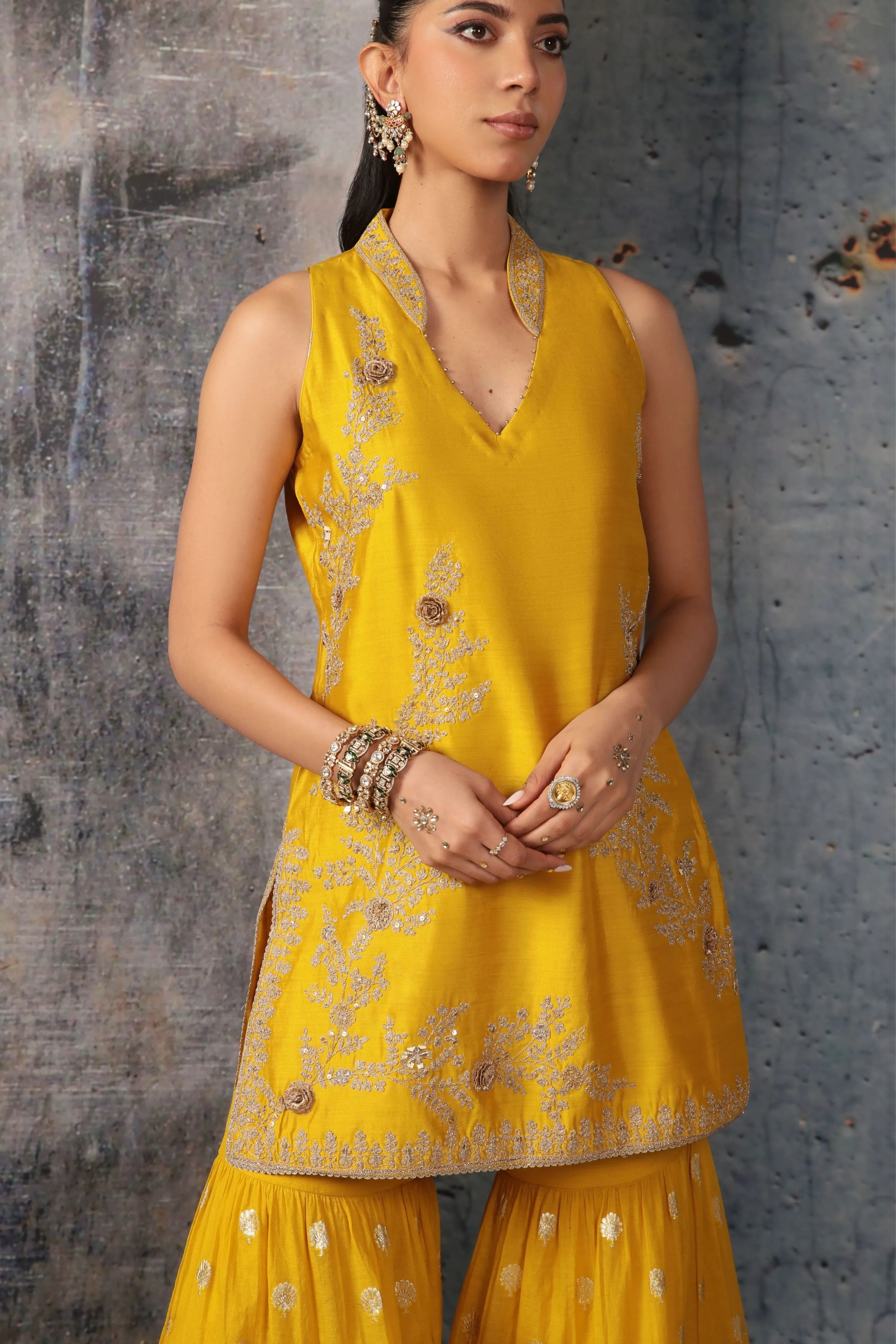 Mehrang Yellow Sleeveless Sharara Set
