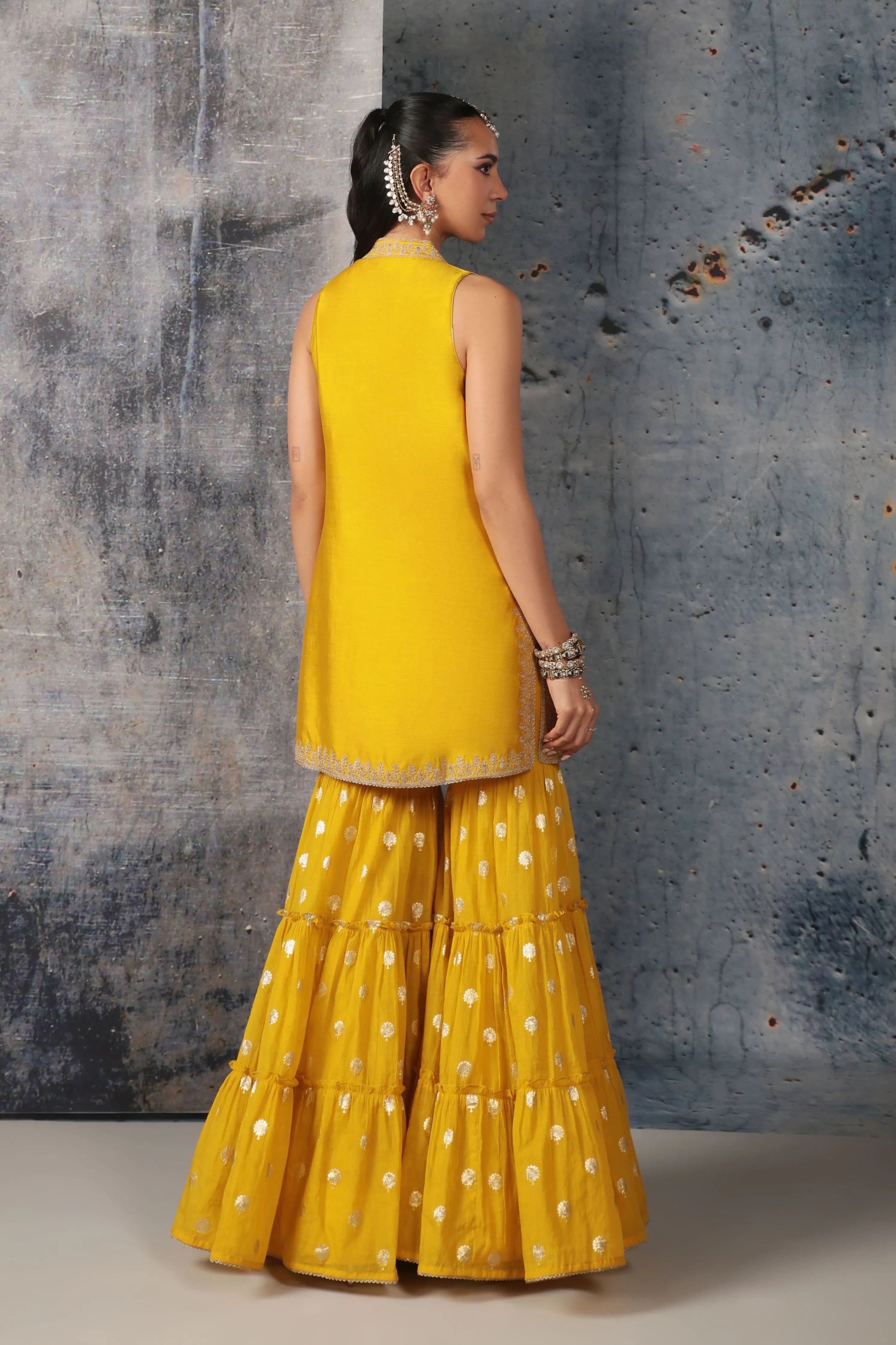 Mehrang Yellow Sleeveless Sharara Set