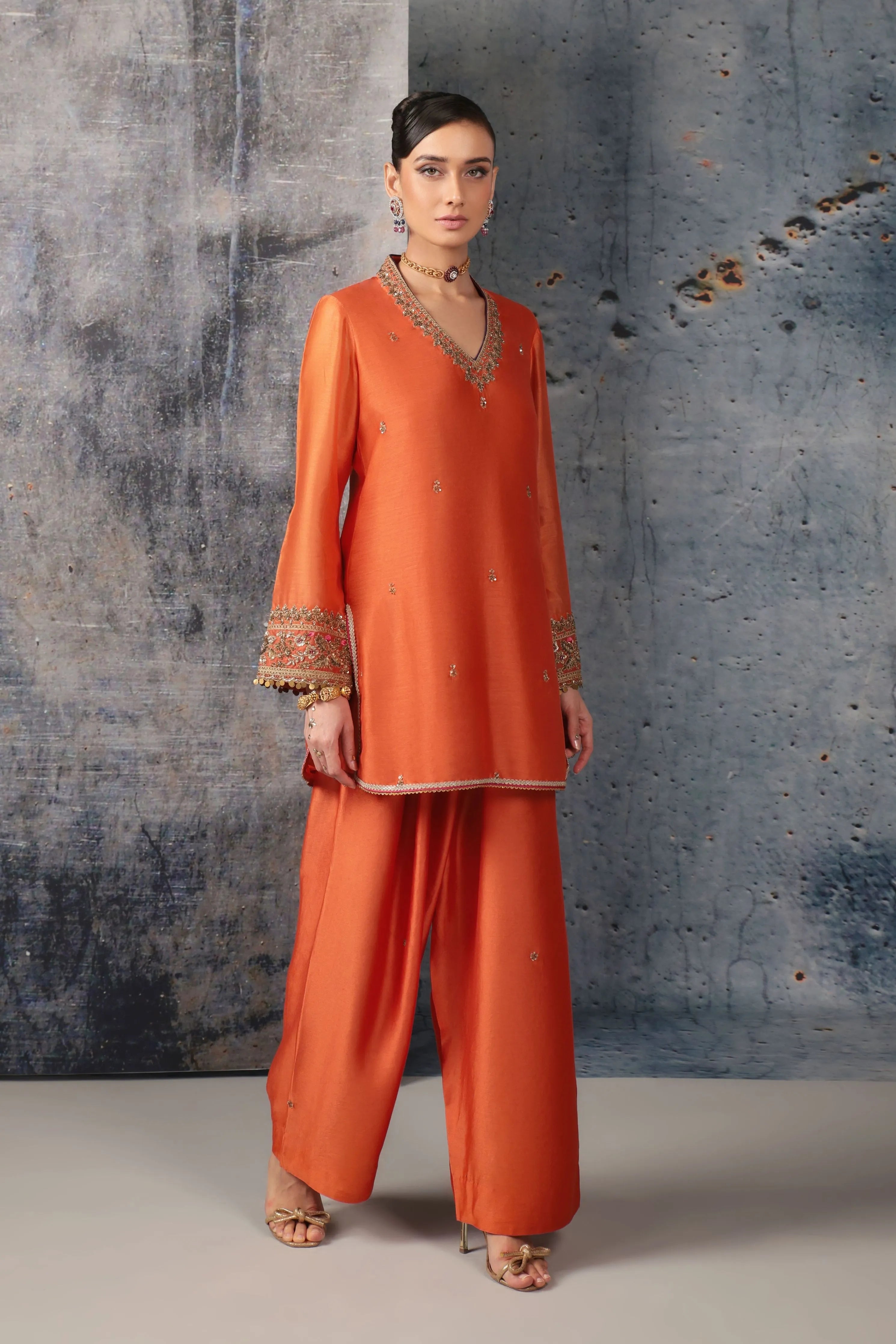 Mehrang Orange V Neck Short Kurta Set