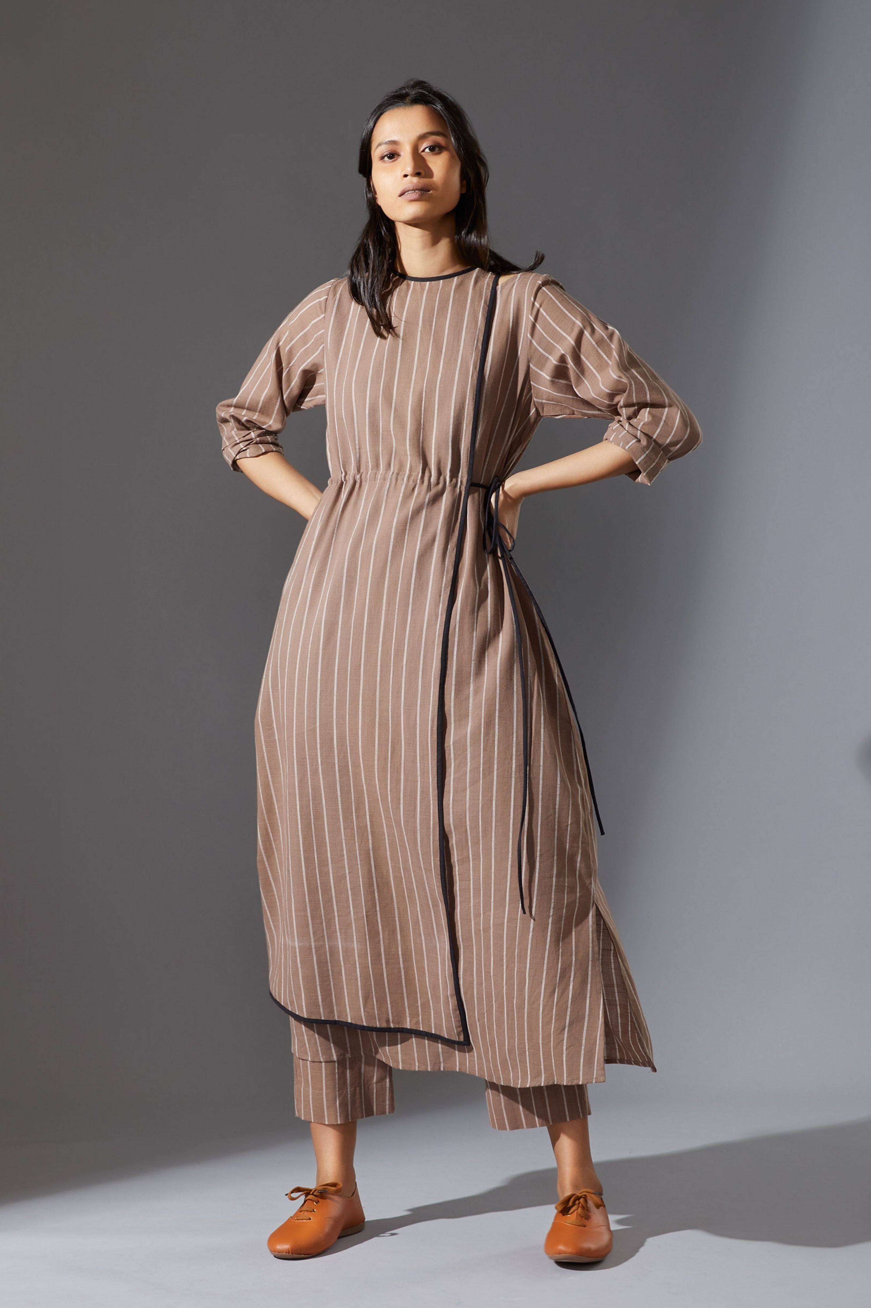 Mati Overlap Beige Striped Tunic Set with Pants