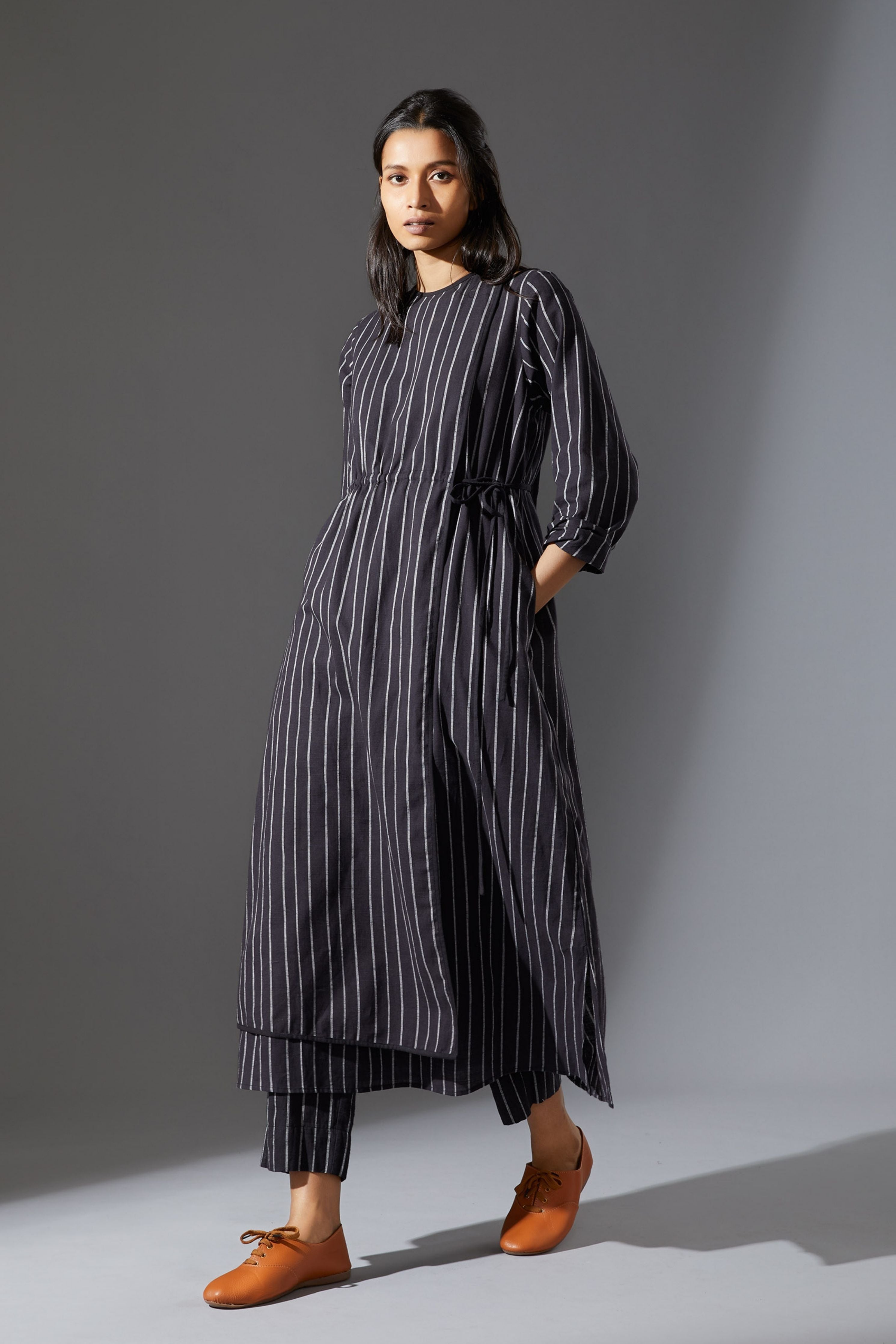 Mati Overlap Black Striped Tunic Set with Pants