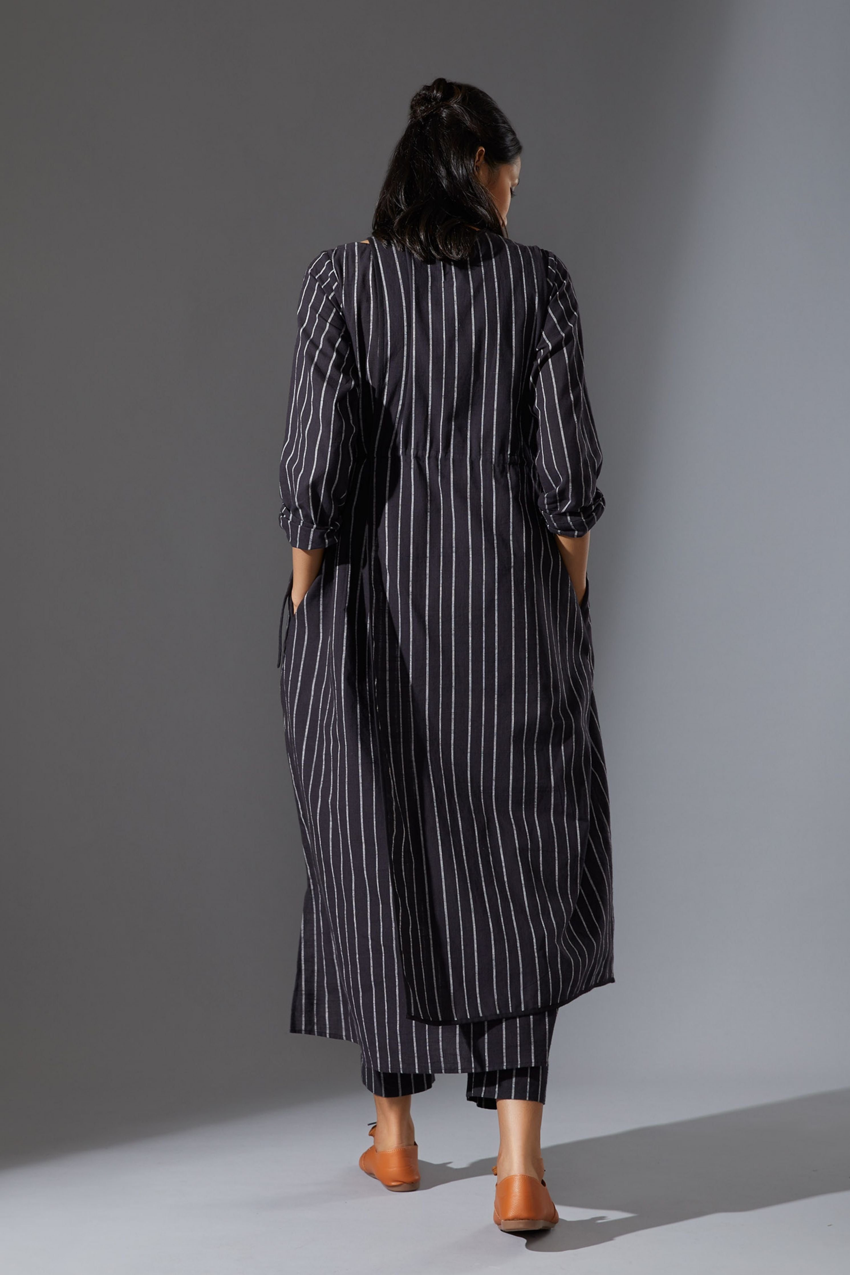 Mati Overlap Black Striped Tunic Set with Pants