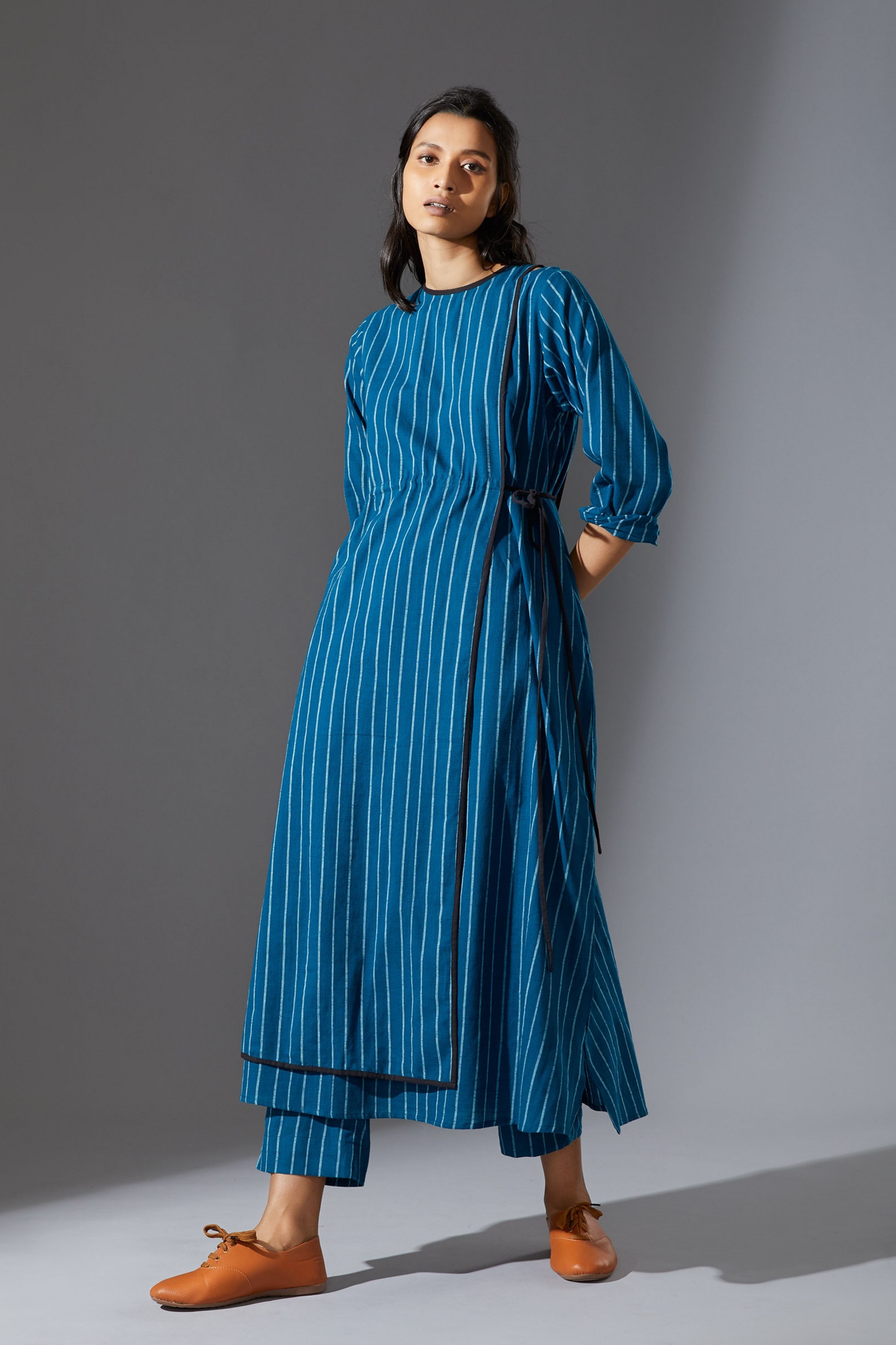 Mati Overlap Blue Striped Tunic Set with Pants