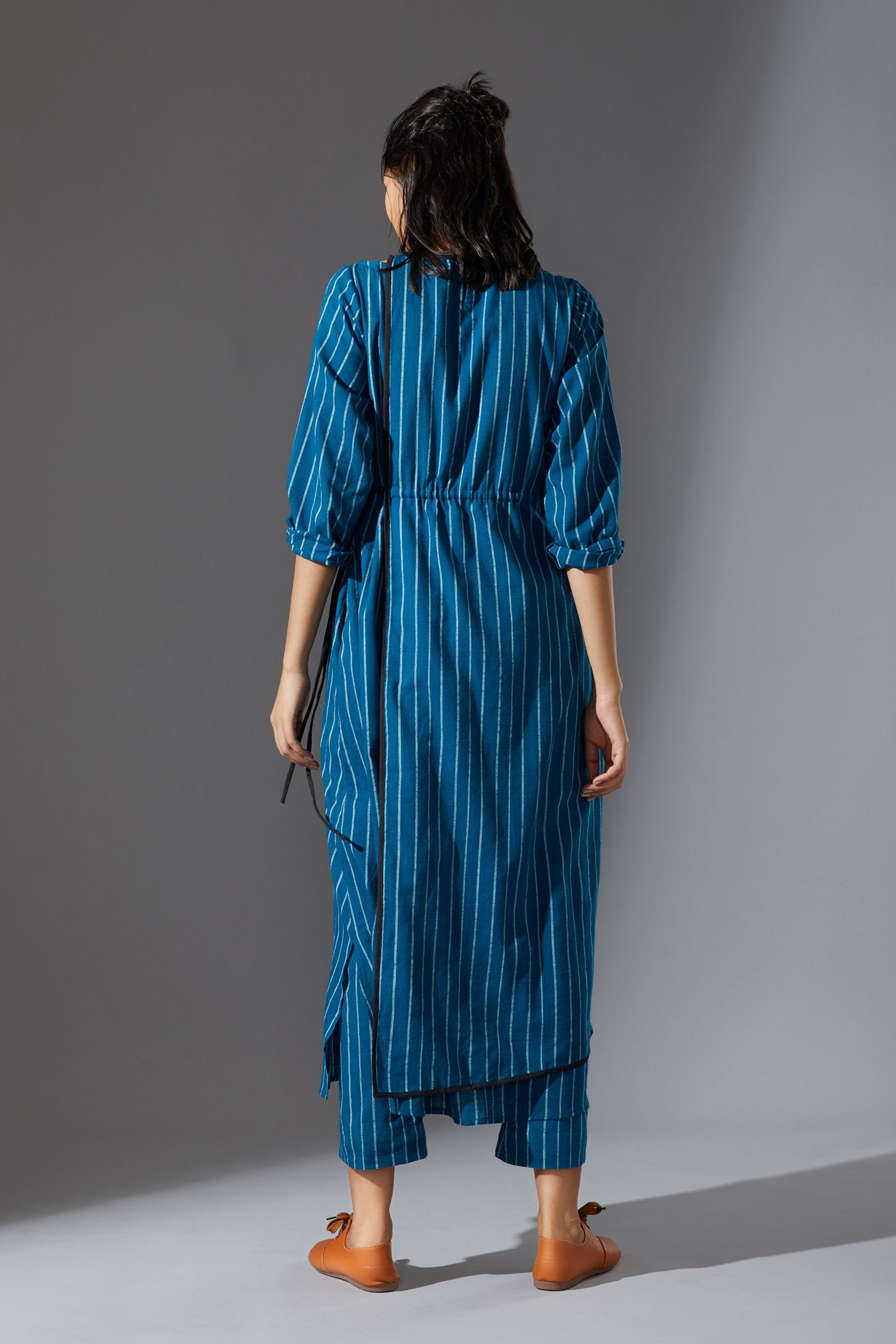Mati Overlap Blue Striped Tunic Set with Pants