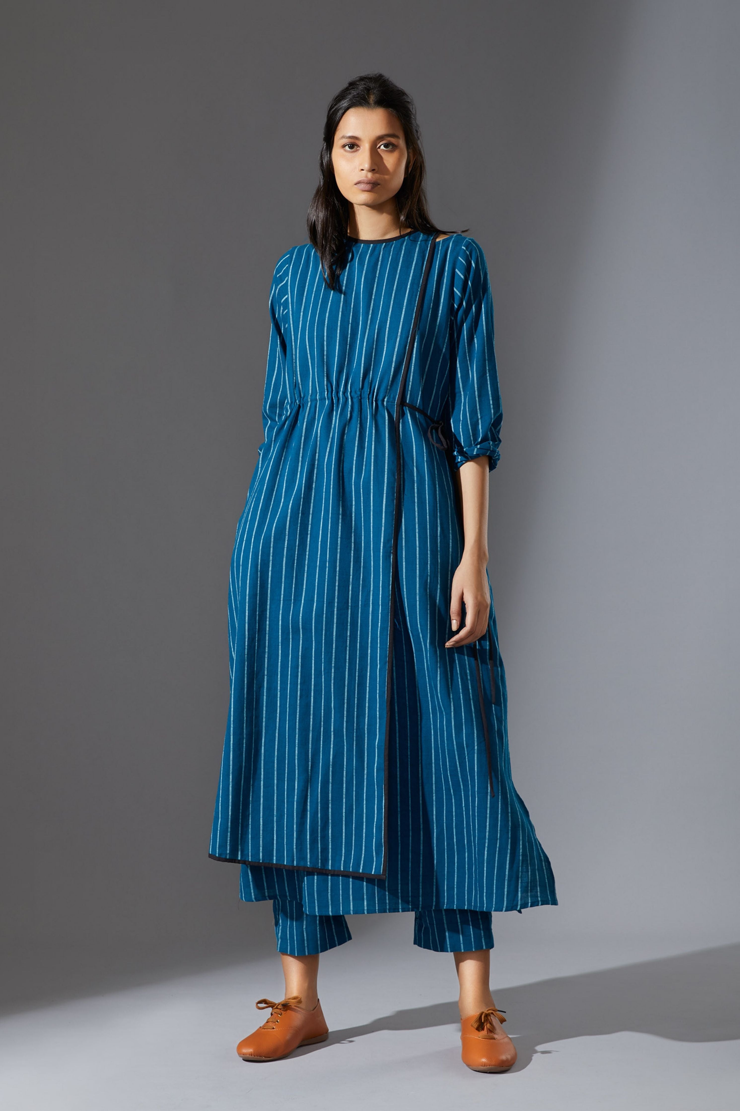 Mati Overlap Blue Striped Tunic Set with Pants