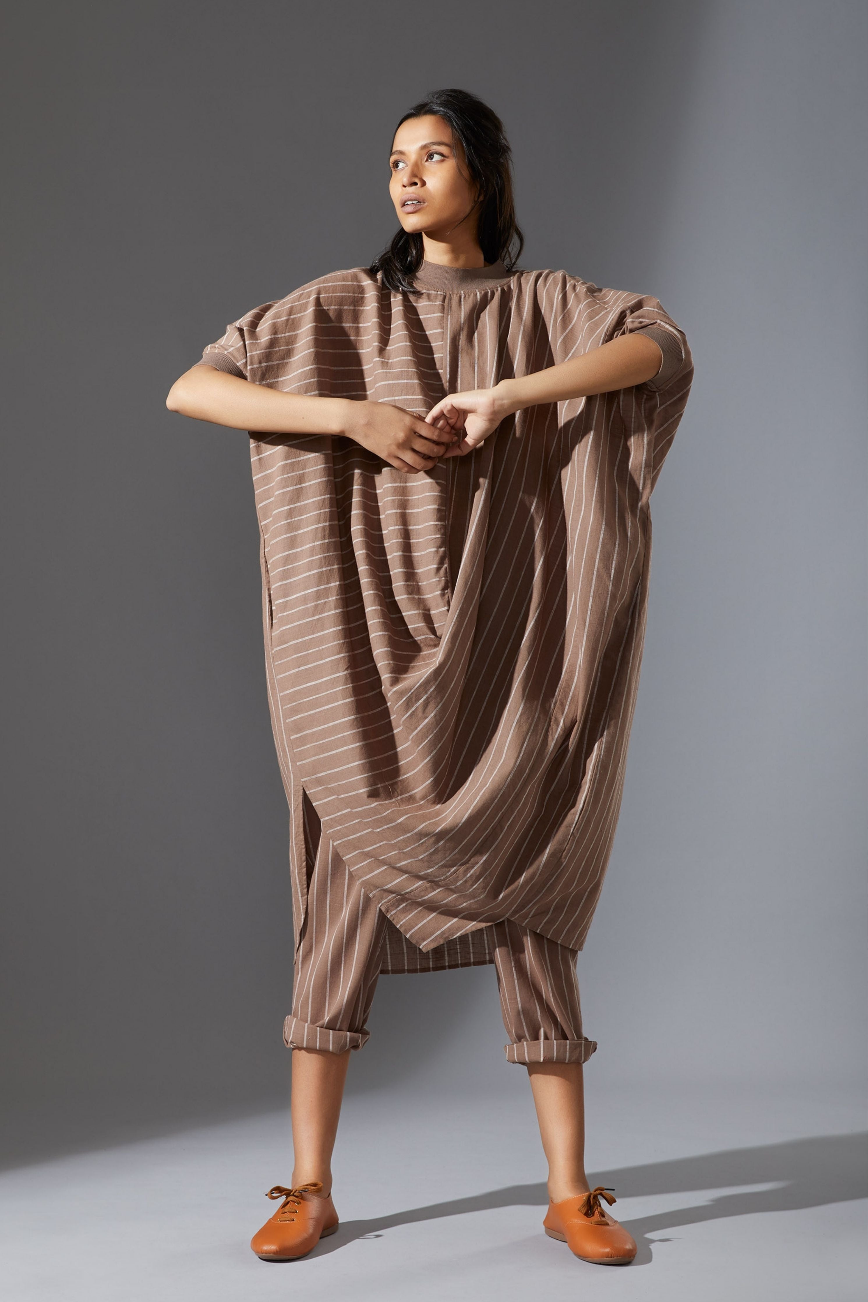 Mati Beige Cowl Tunic With Ribbed Collar