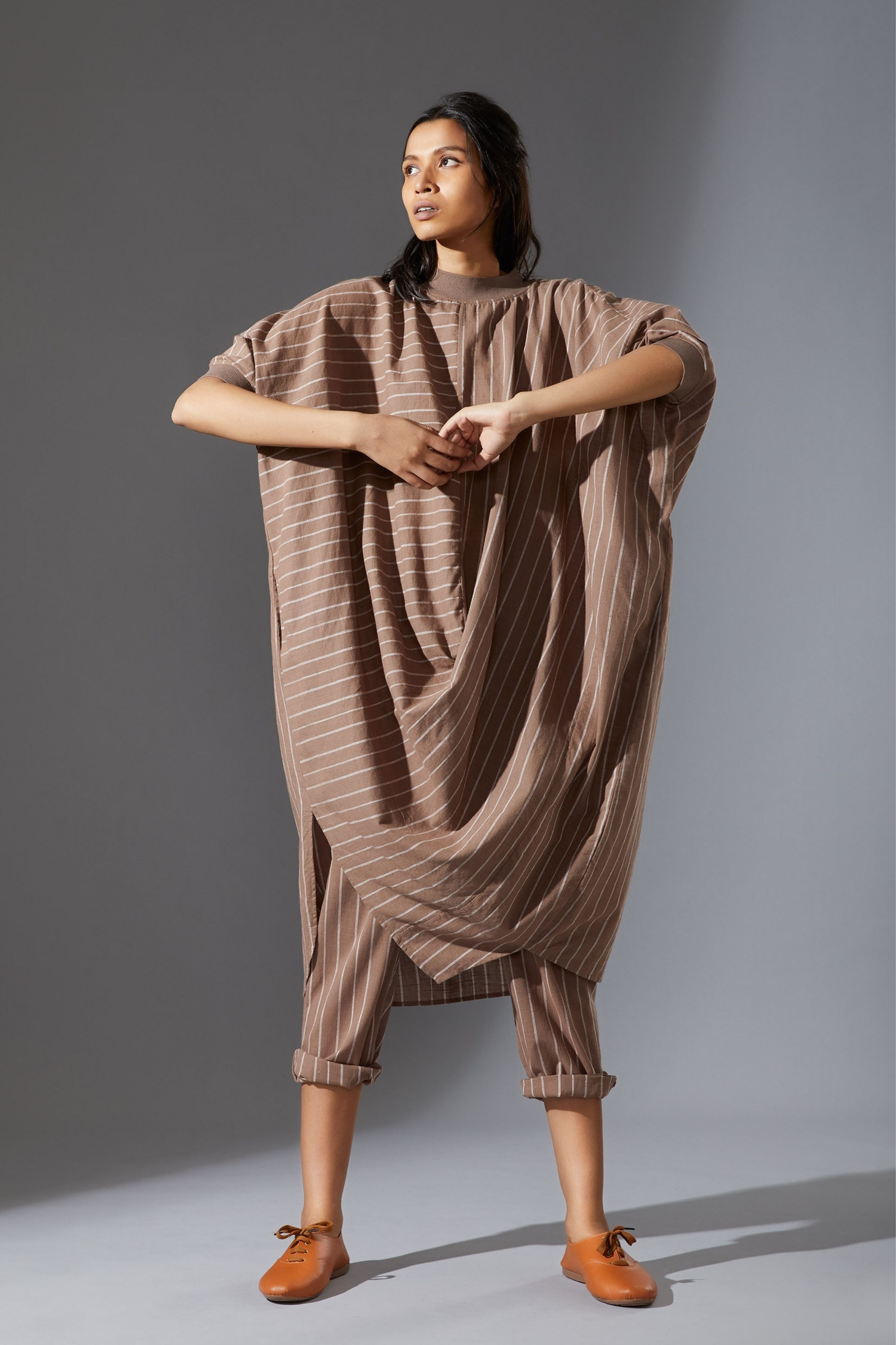 Mati Ribbed Collar Beige Cowl Tunic Set with Pants