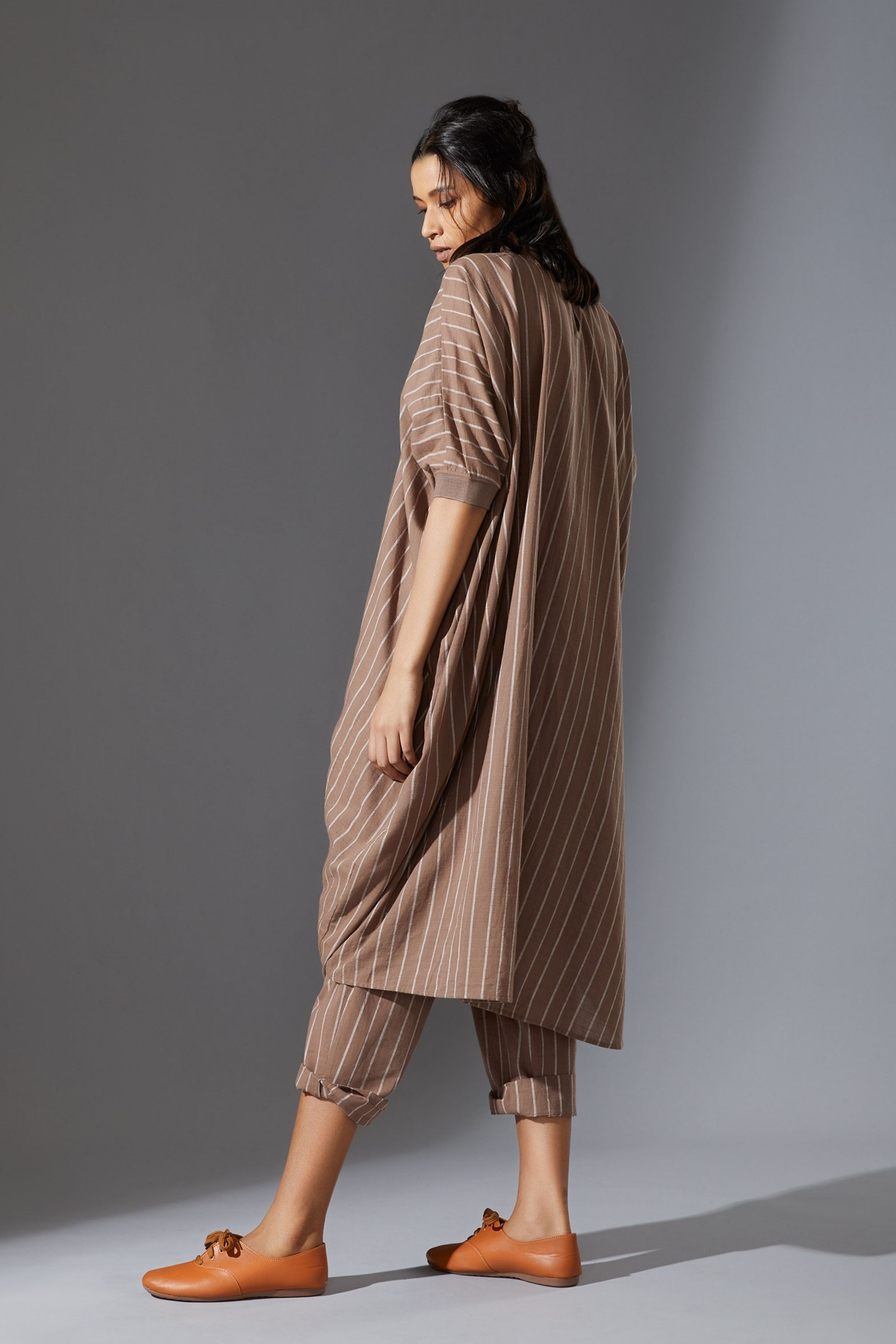 Mati Ribbed Collar Beige Cowl Tunic Set with Pants