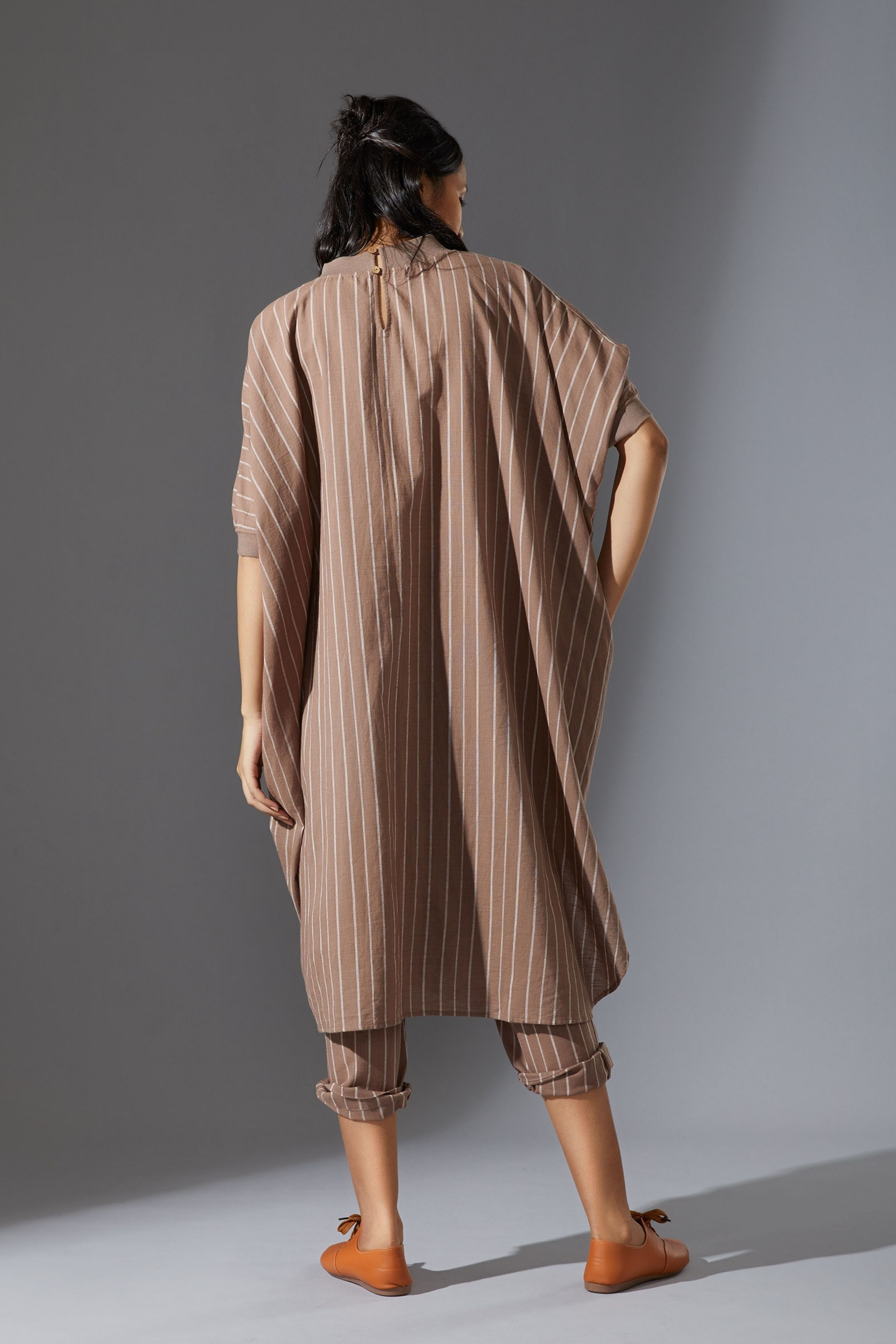 Mati Ribbed Collar Beige Cowl Tunic Set with Pants