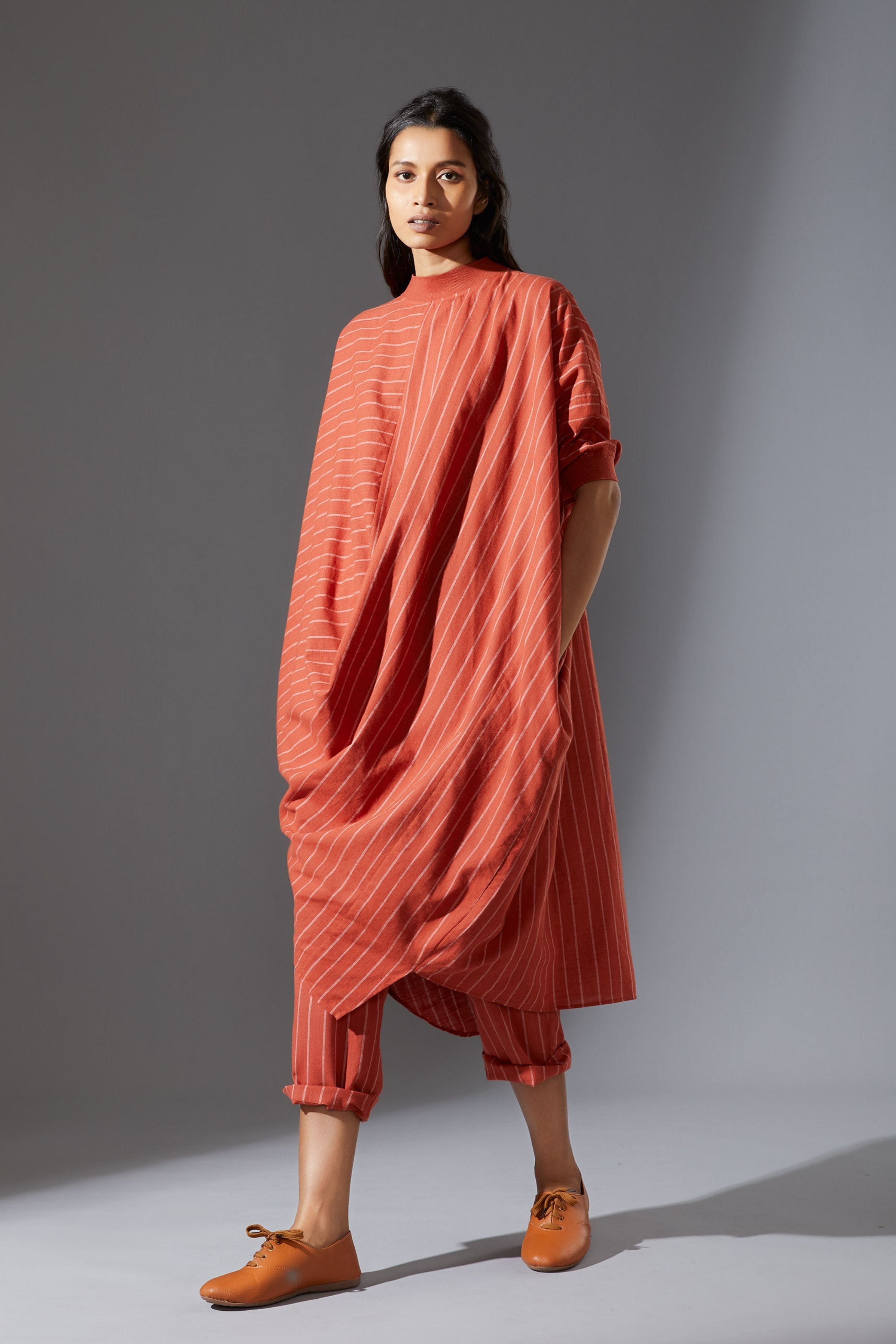 Mati Ribbed Collar Rust Cowl Tunic Set with Pants