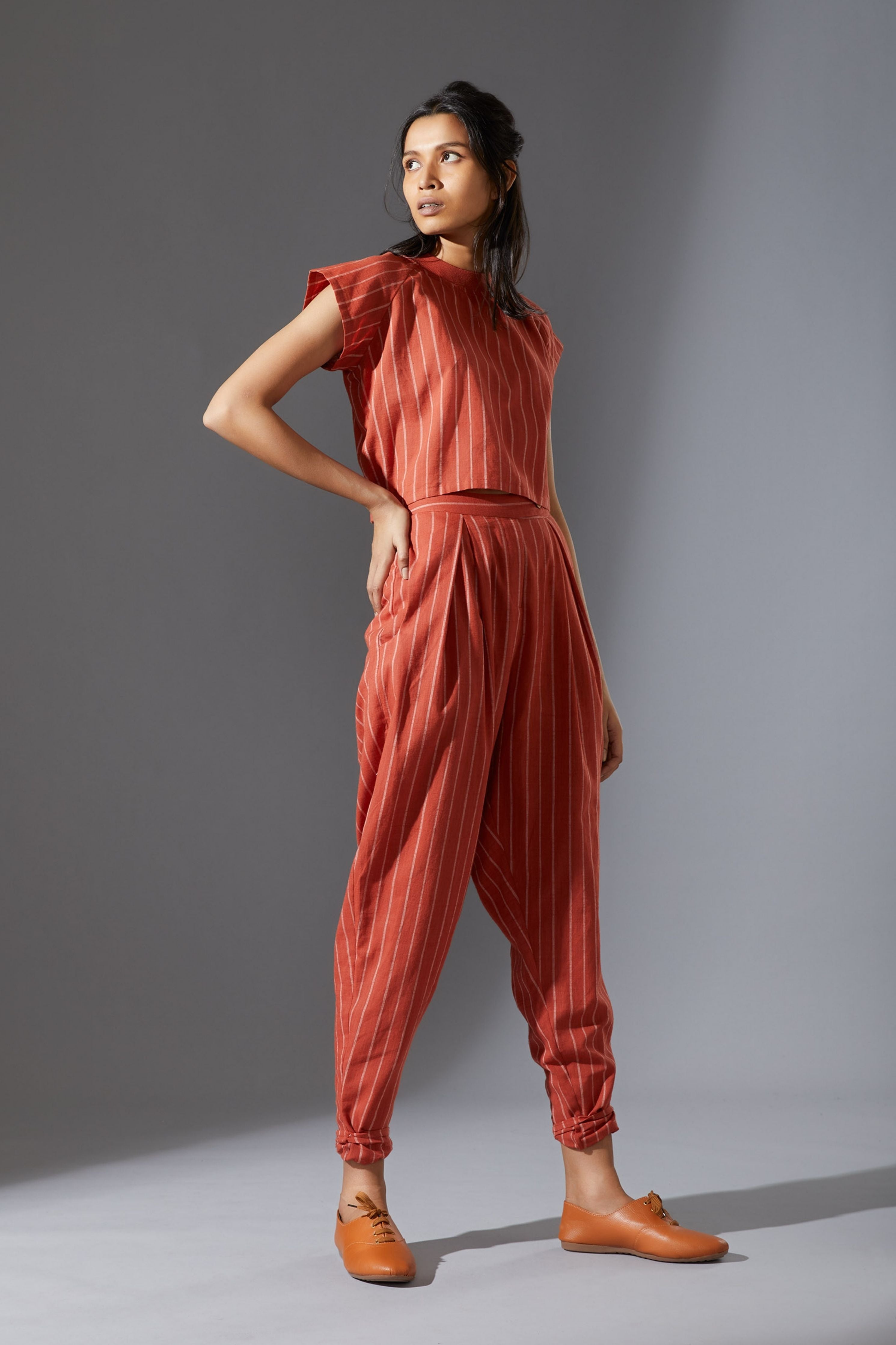 Mati Ribbed Stoka Rust Striped Set with Pants