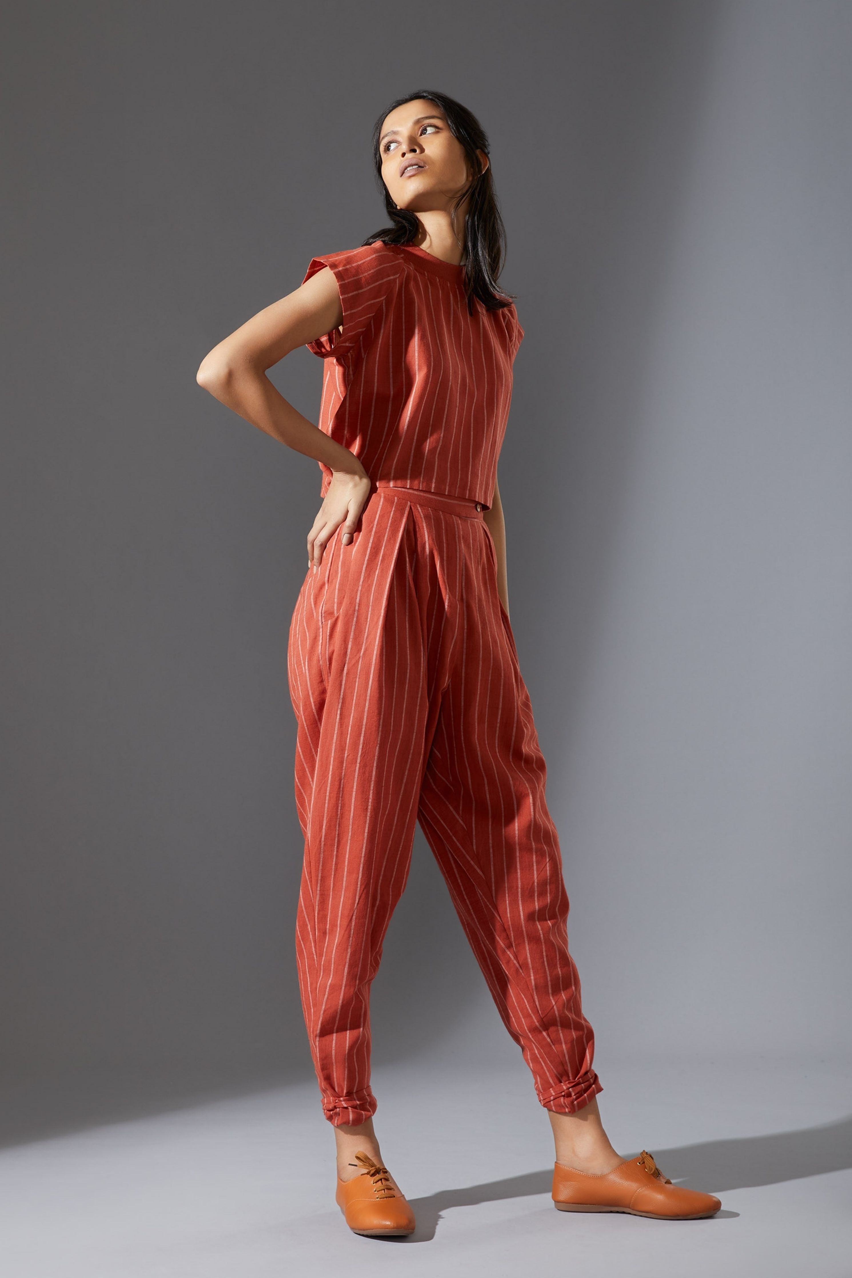 Mati Ribbed Stoka Rust Striped Set with Pants