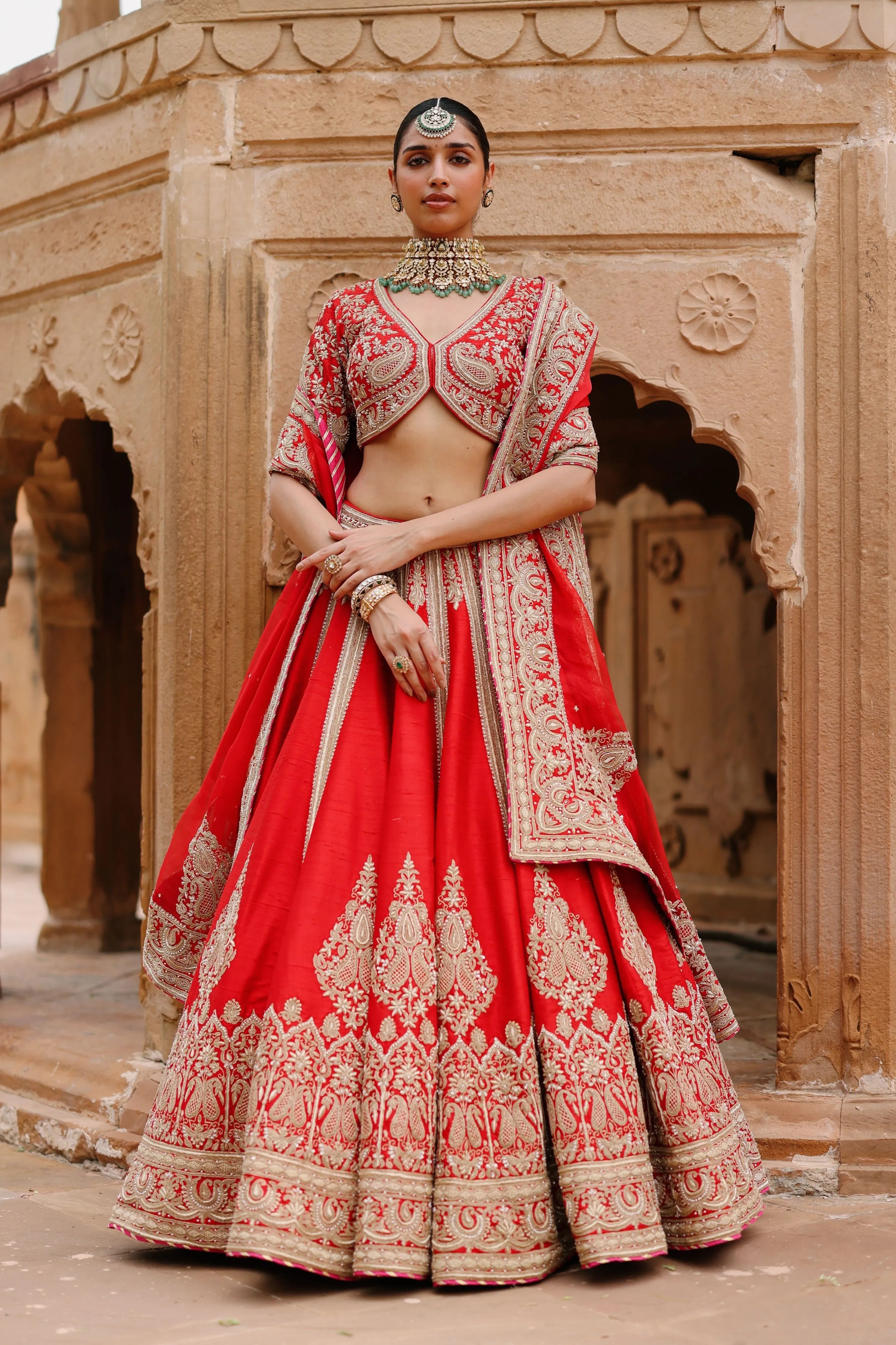 Mahroz Deep Red Lehenga Set with Blouse & Dupatta