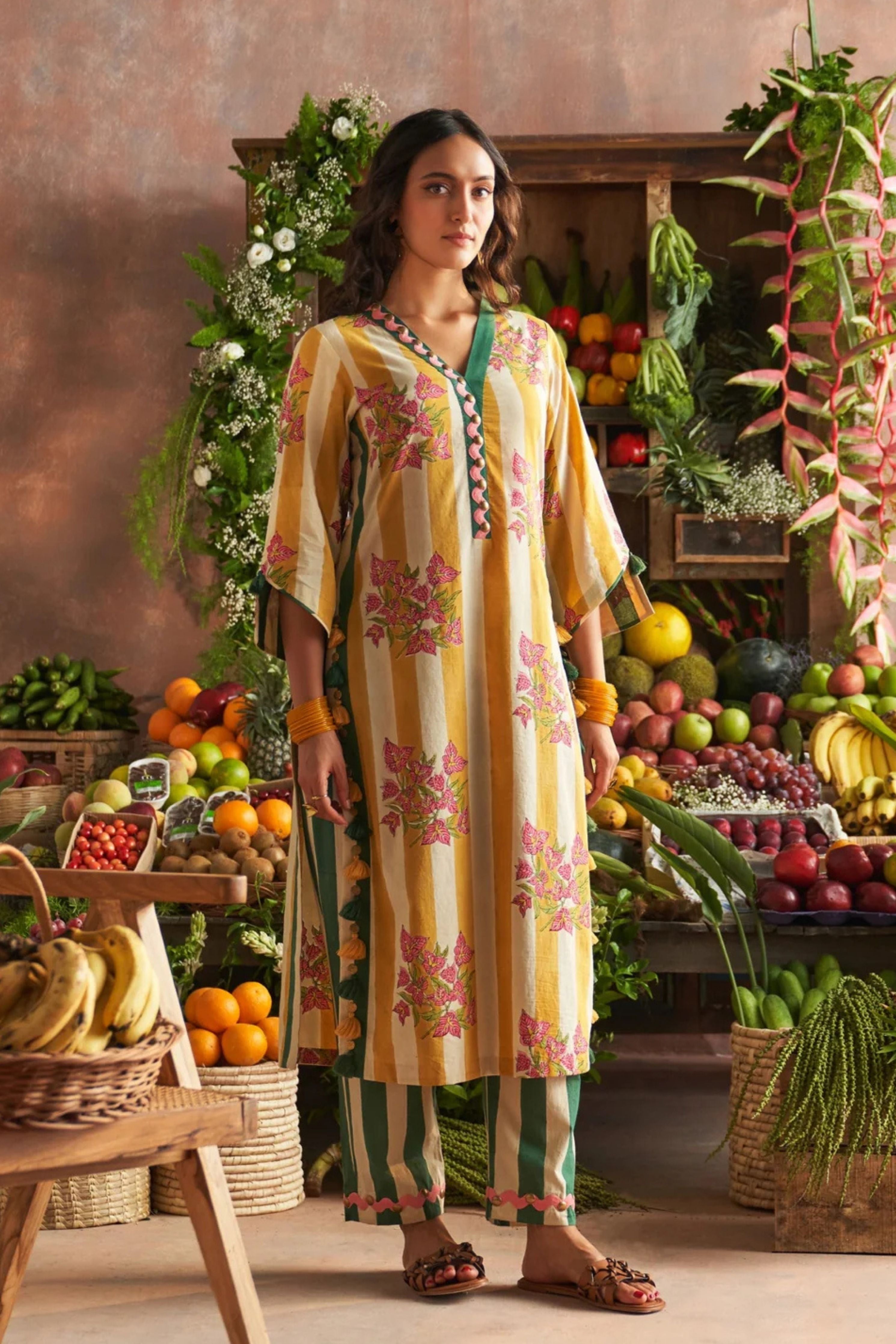 Malti Beige Striped Straight Kurta Set