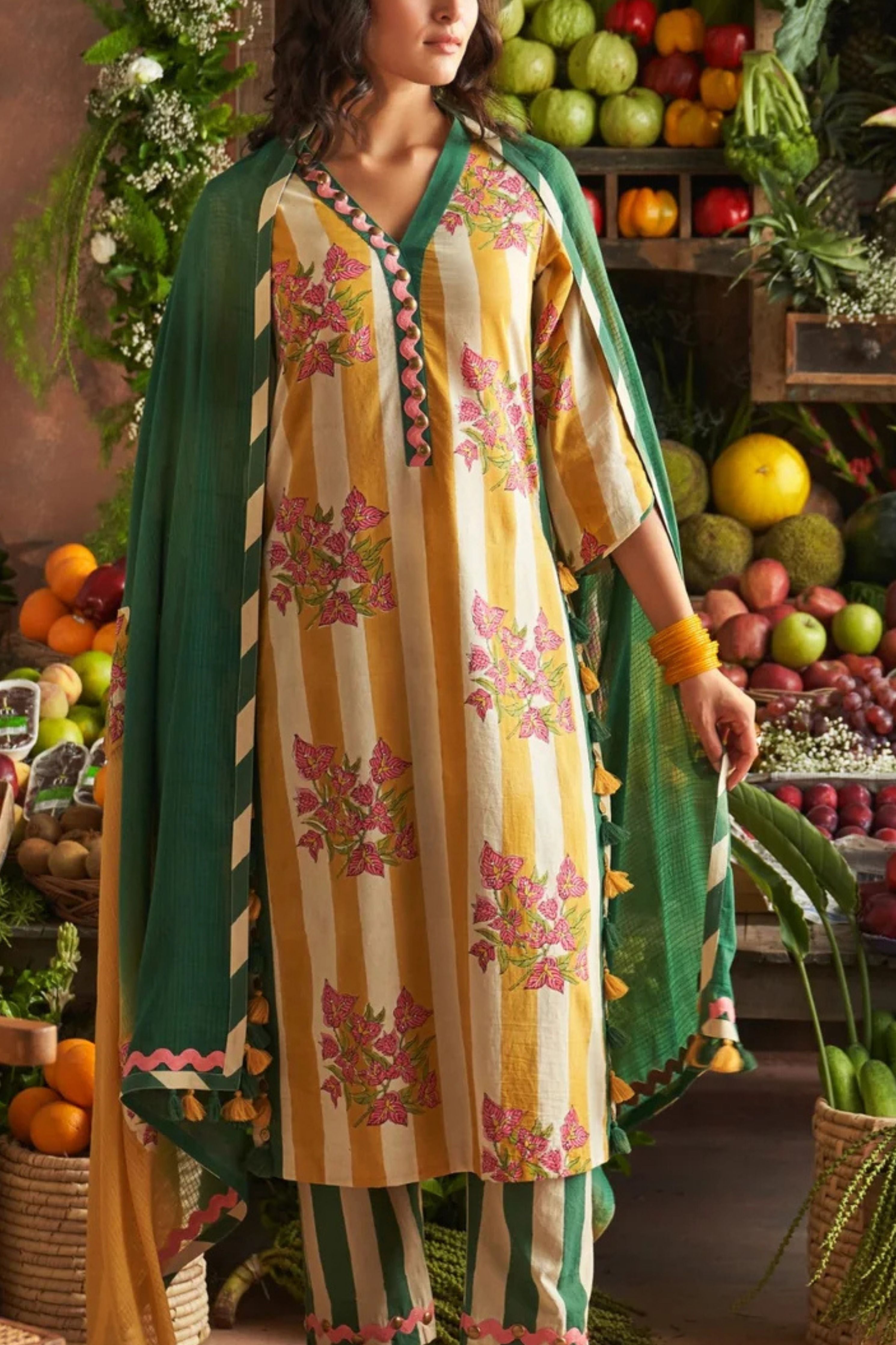 Malti Beige Striped Straight Kurta Set