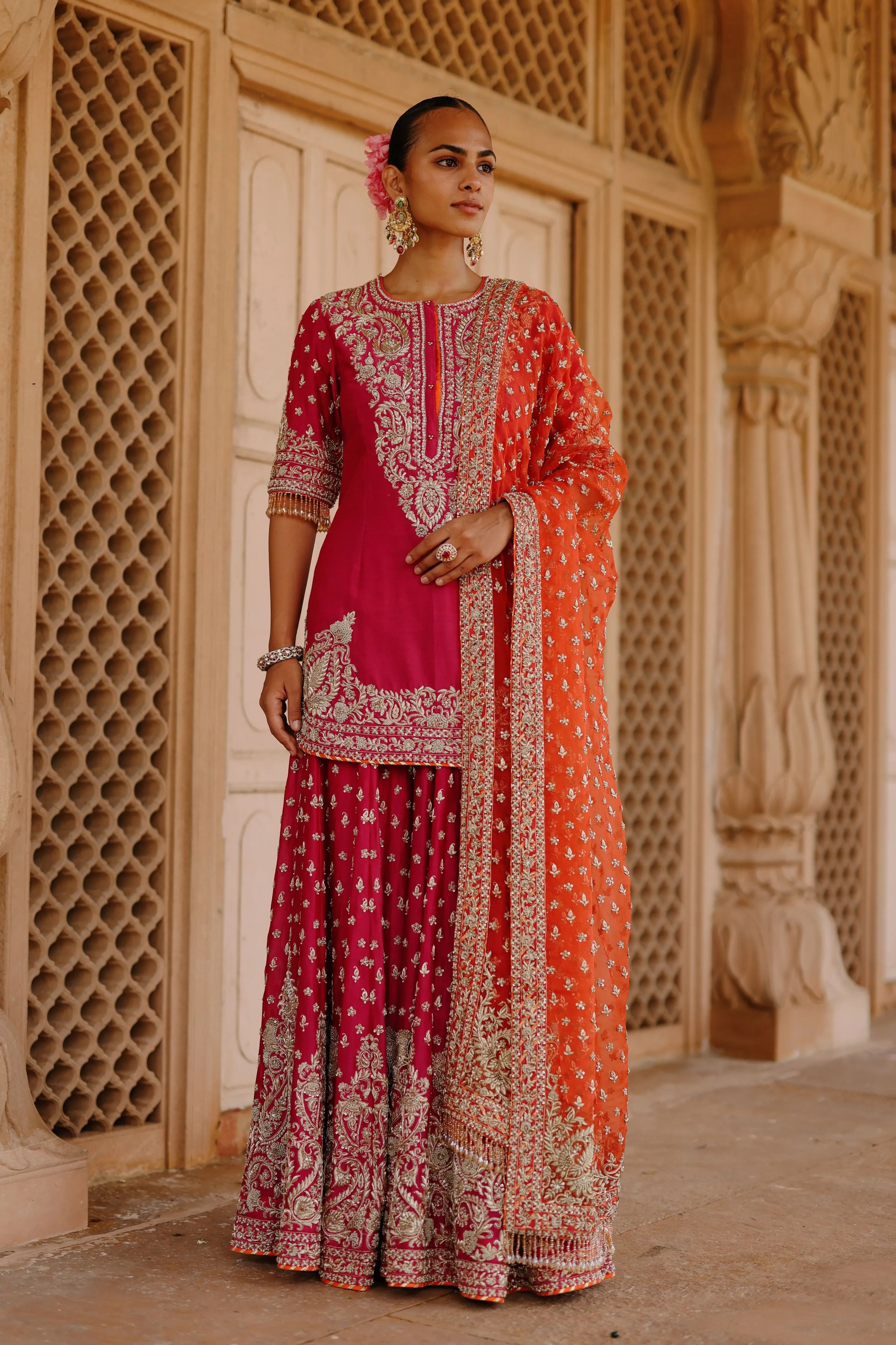 Maysam Hot Pink Kurta Set with Sharara & Dupatta