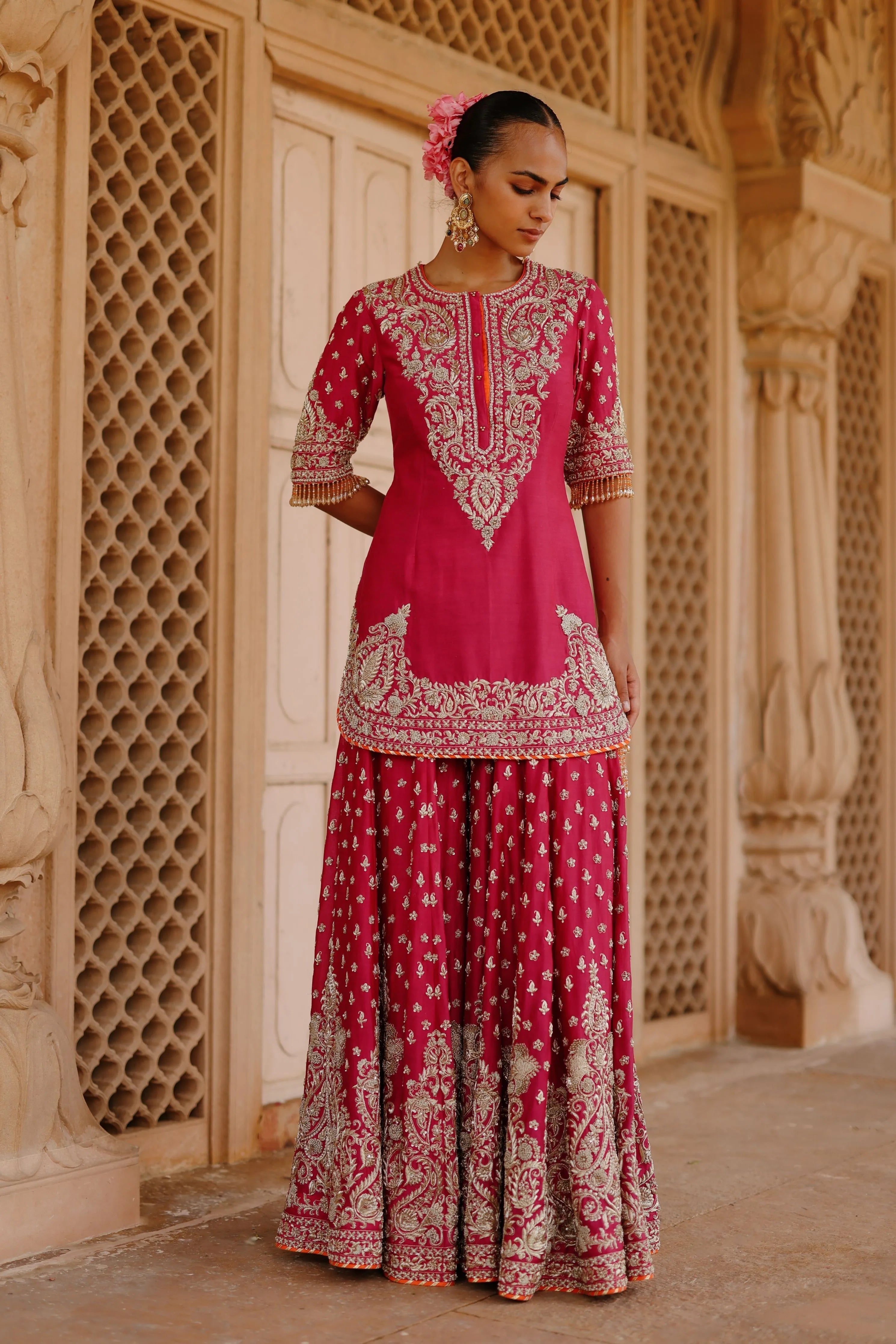 Maysam Hot Pink Kurta Set with Sharara & Dupatta