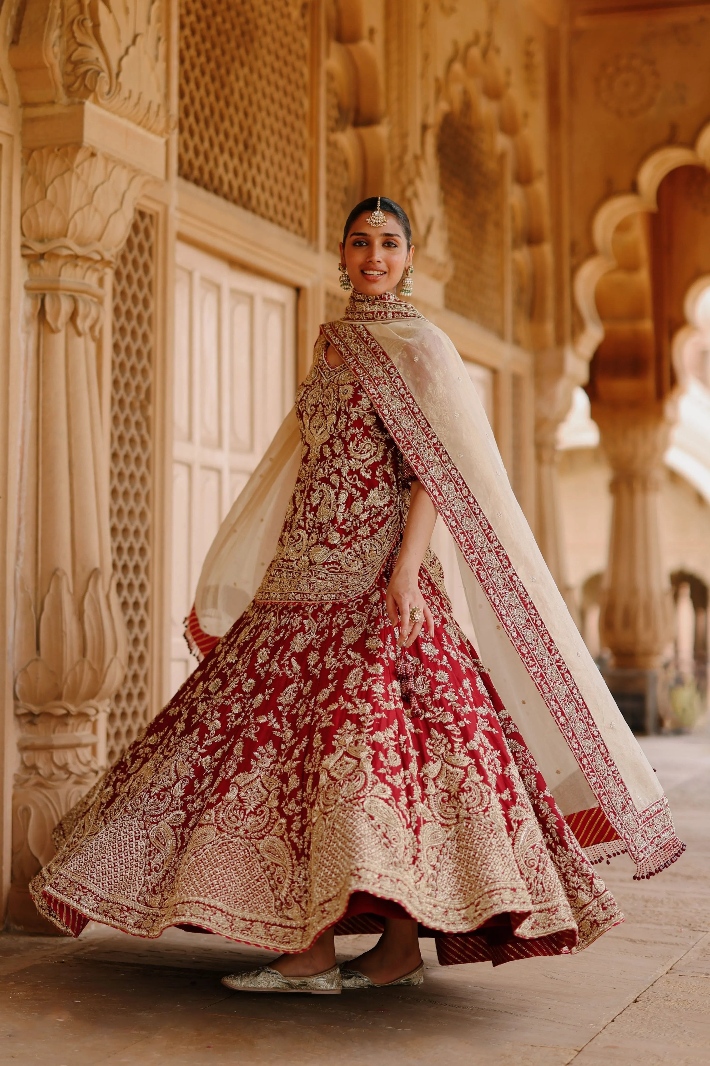 Merab Deep Red Kurta Set with Lehenga & Dupatta