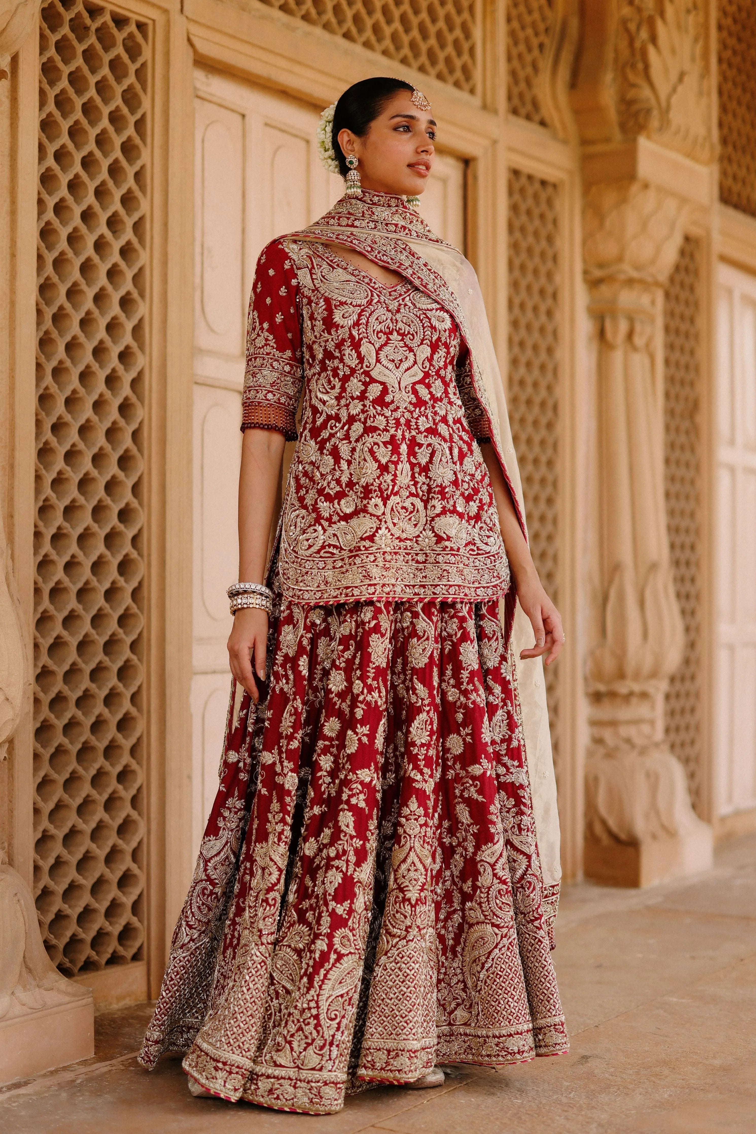 Merab Deep Red Kurta Set with Lehenga & Dupatta