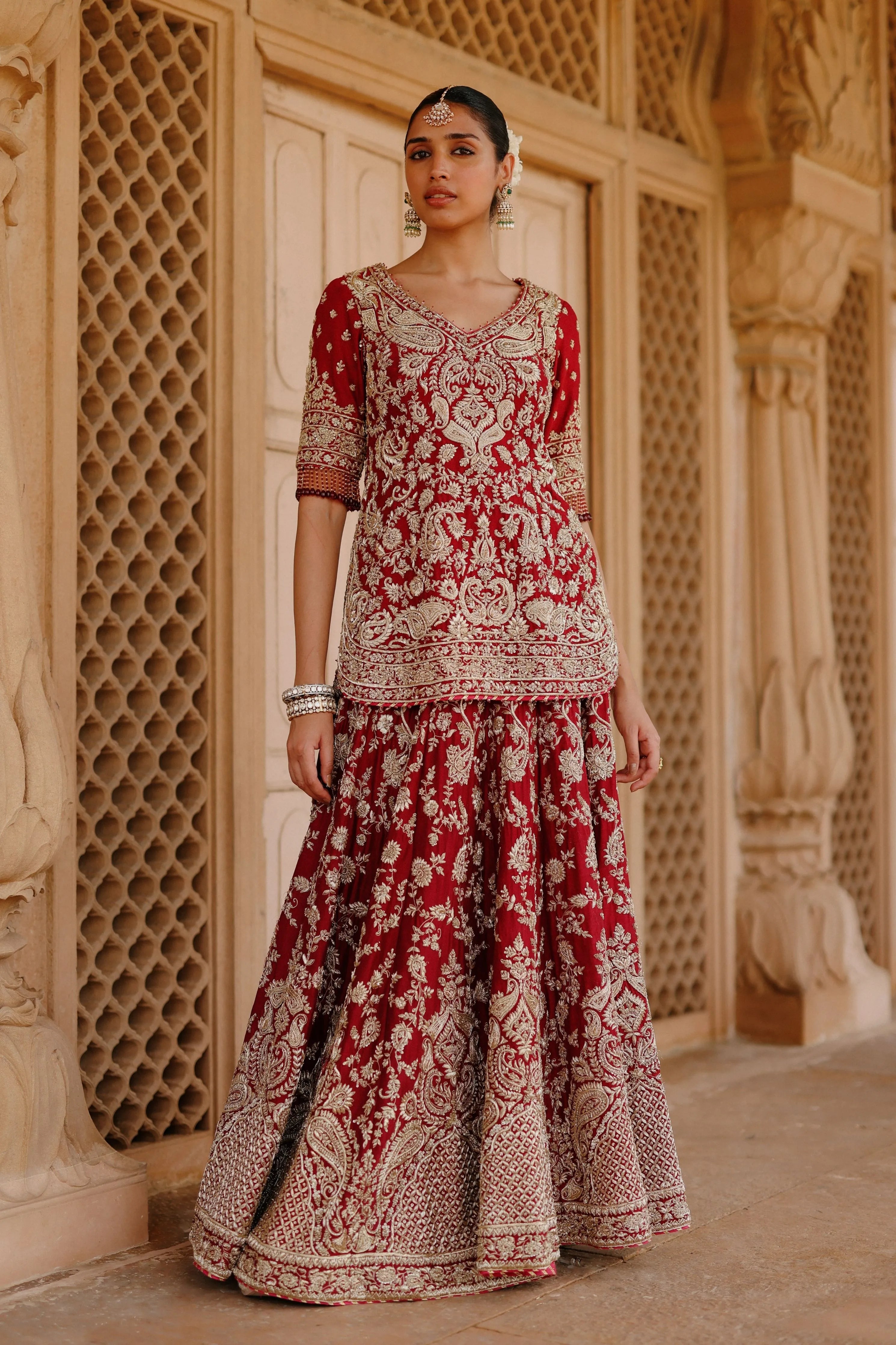 Merab Deep Red Kurta Set with Lehenga & Dupatta