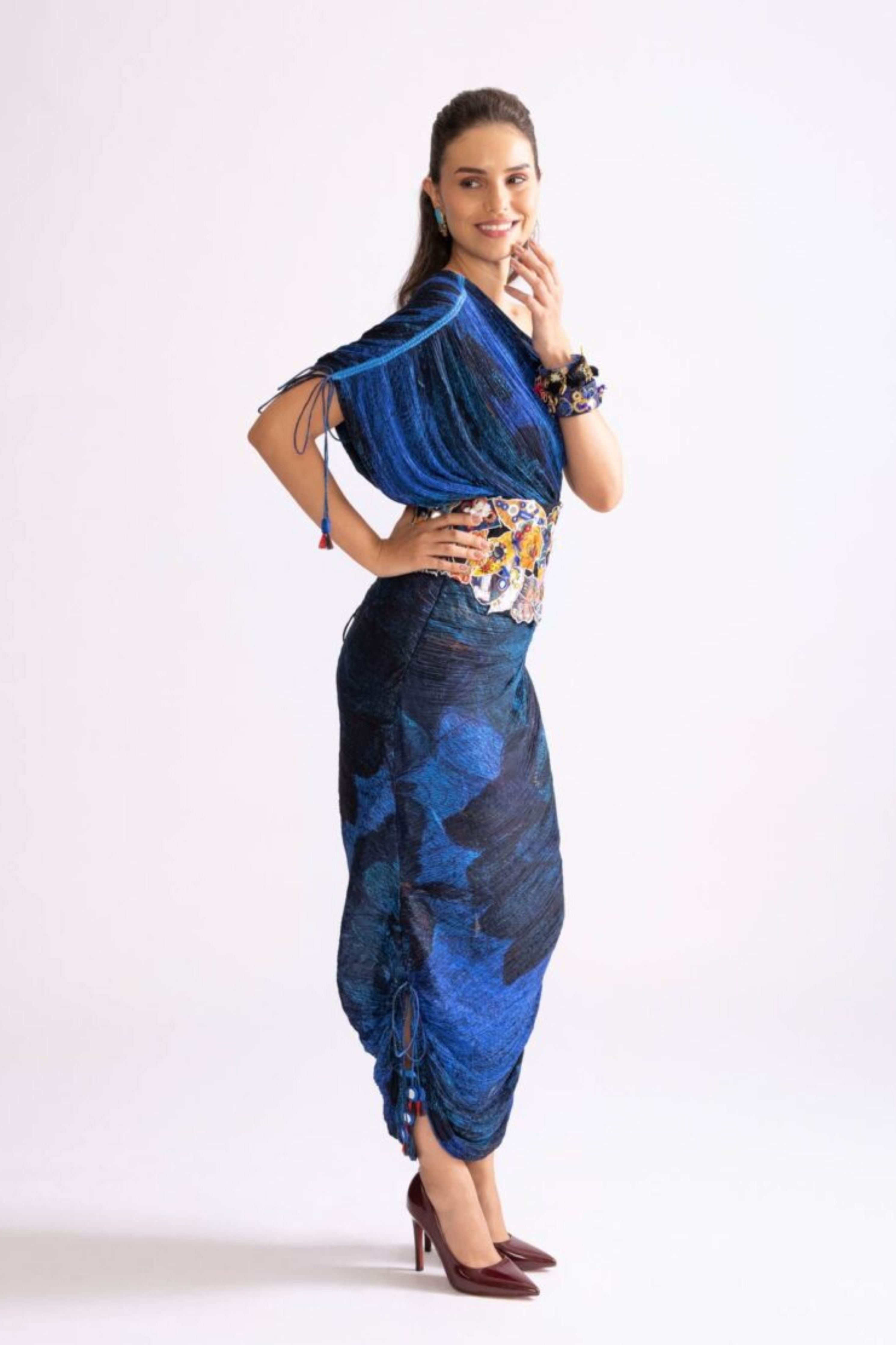 One Shoulder Hand Micro Pleat Dress