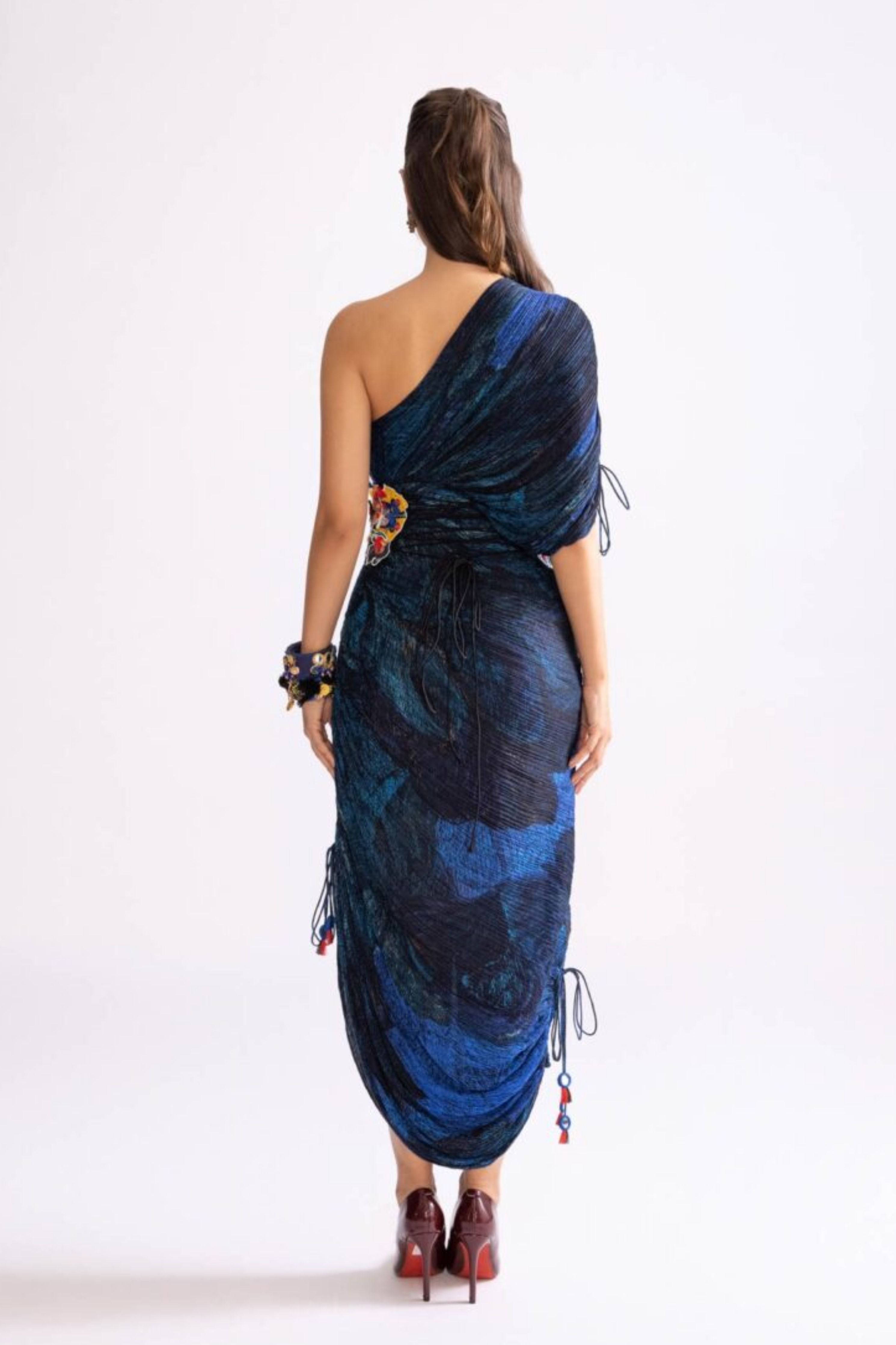 One Shoulder Hand Micro Pleat Dress