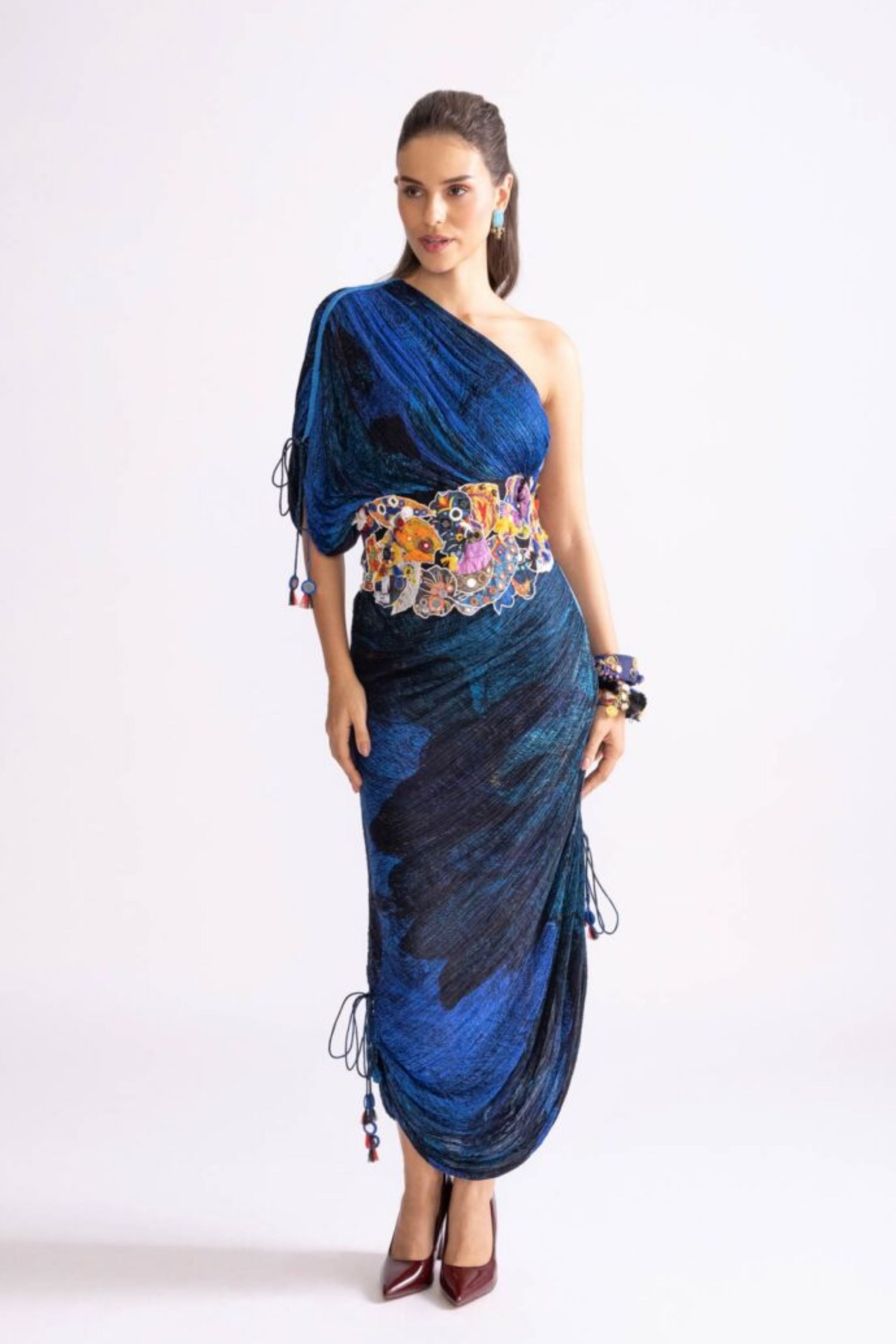 One Shoulder Hand Micro Pleat Dress