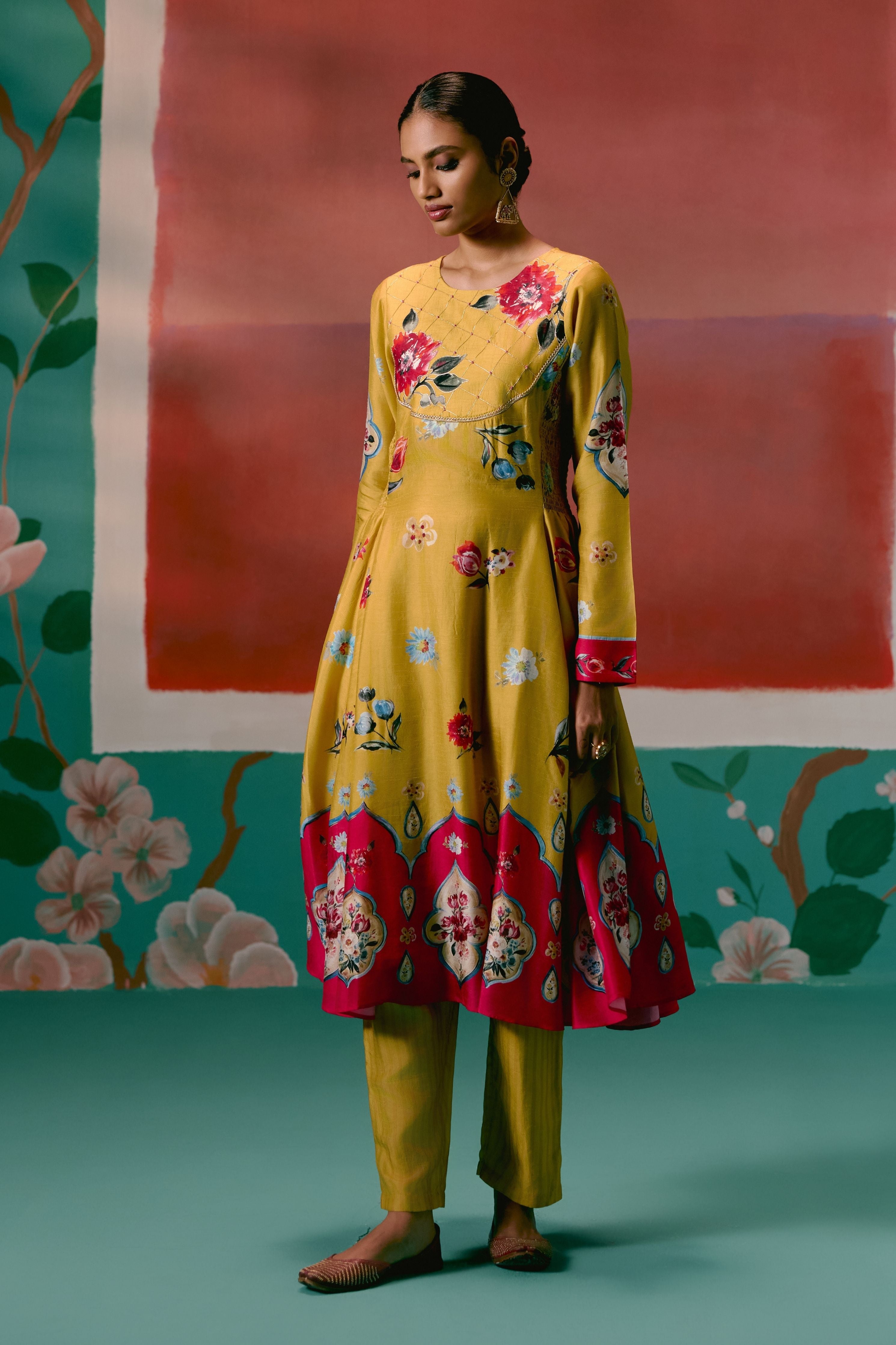 Mustard And Pink Floral Anarkali Set With Dupatta