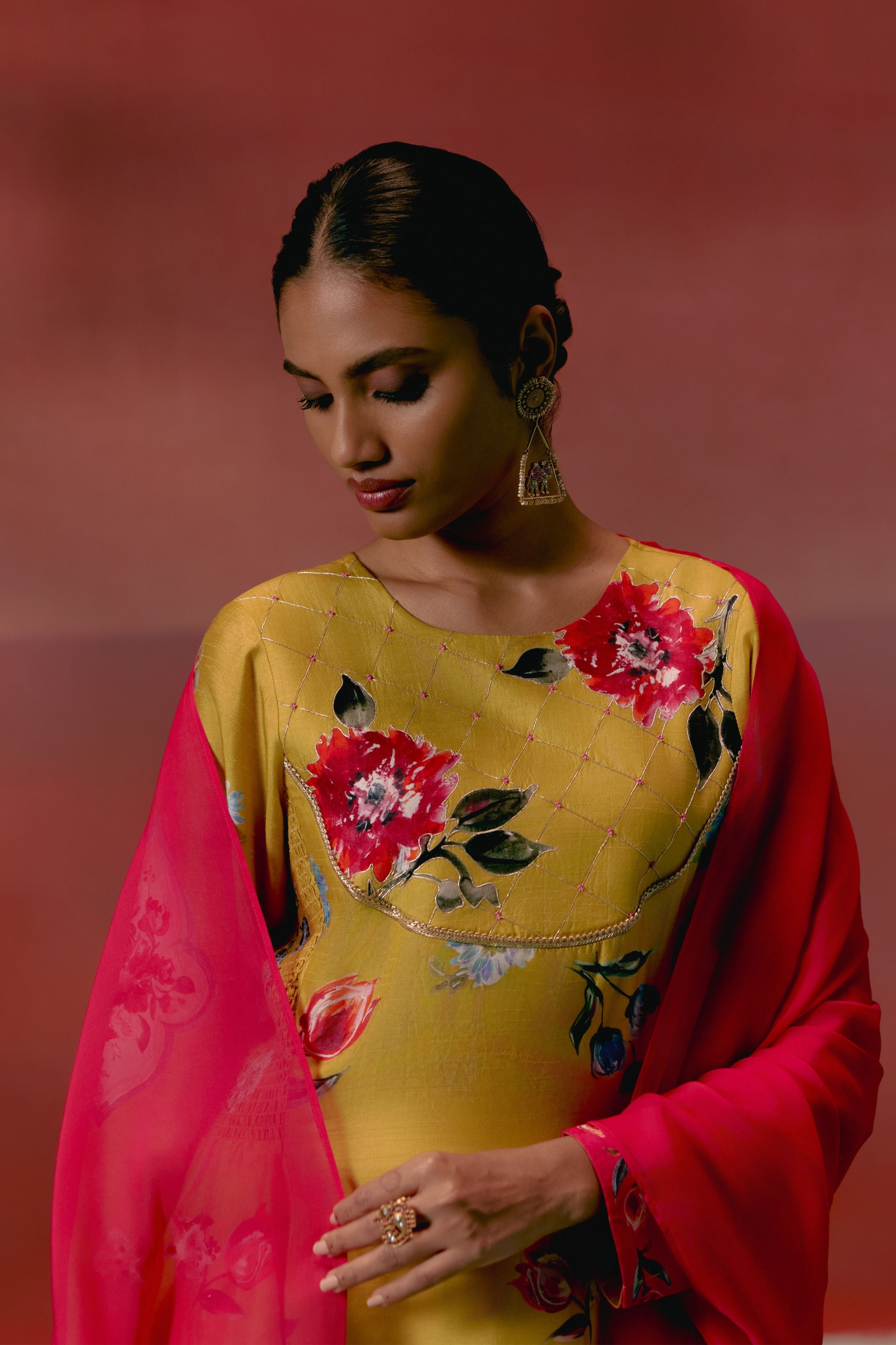 Mustard And Pink Floral Anarkali Set With Dupatta