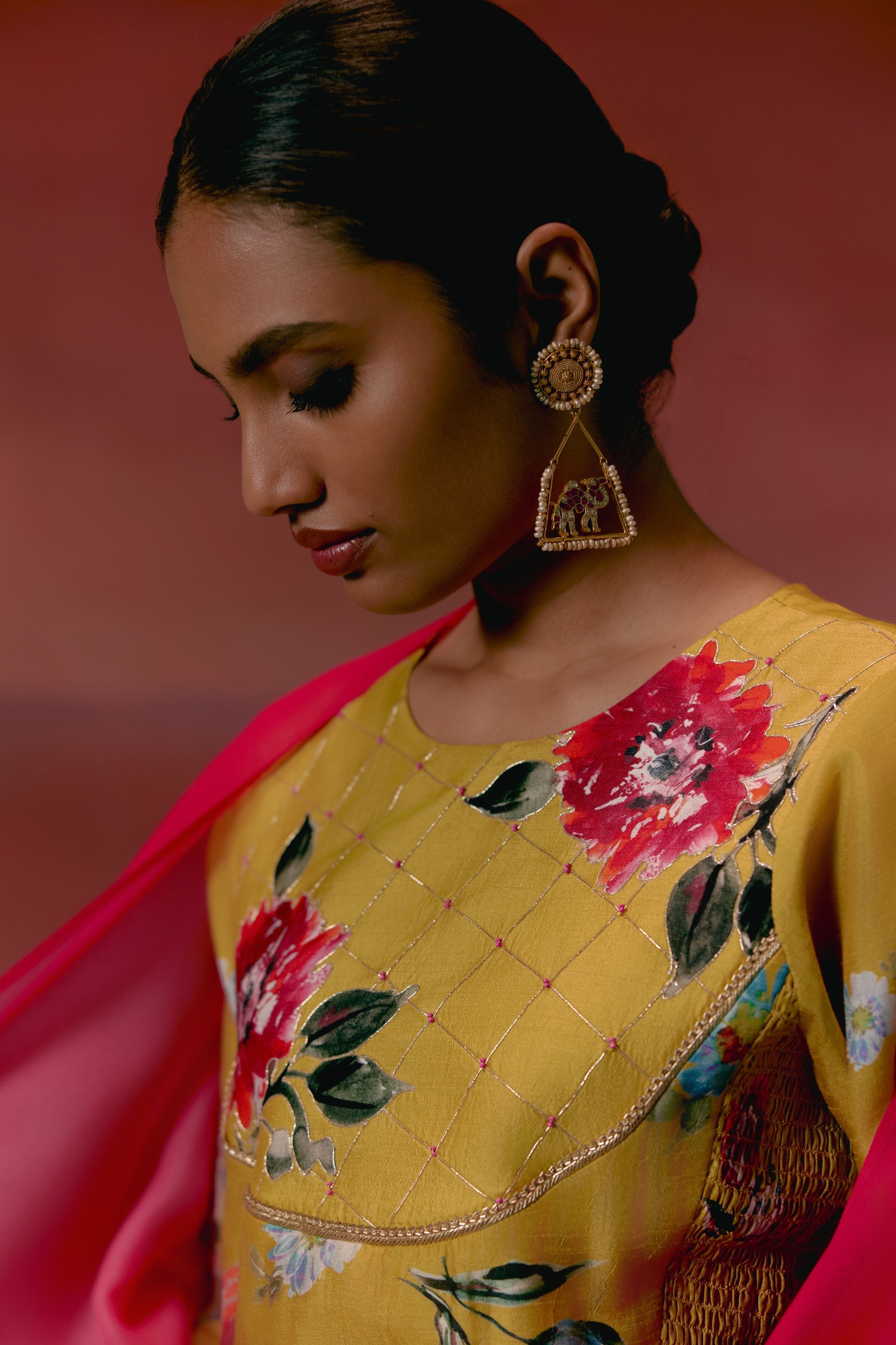 Mustard And Pink Floral Anarkali Set With Dupatta